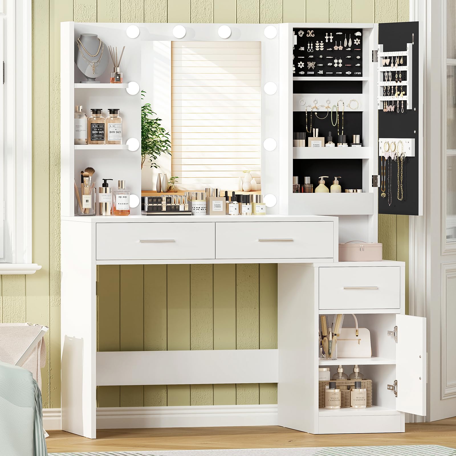 Usikey White Vanity Desk with Mirror & LED Lights - Makeup Vanity Table with 3 Drawers & Jewelry Storage Organizer for Women & Girls | Perfect for Bedroom Decor & Beauty Routine