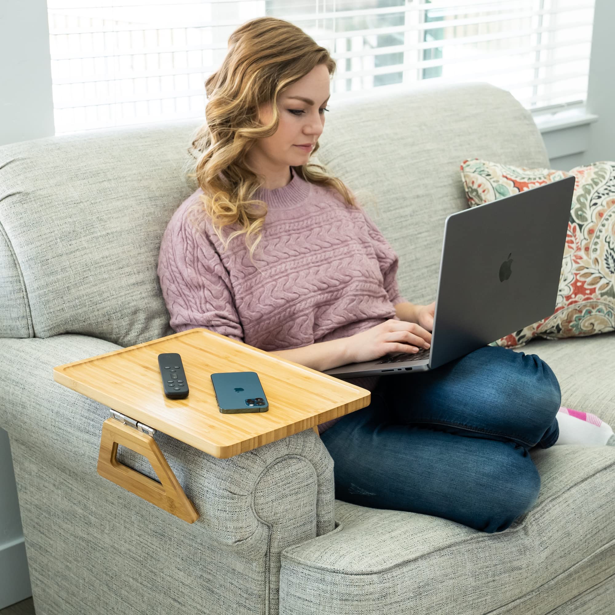Shamrock Home Bamboo Clip-On Couch Arm Tray Table - 15.75 x 11 Inch Beige Sofa Side Table for TV Dinners, Drinks, Snacks & Remote Control - Perfect for Small Spaces, Living Room & Bedroom Use