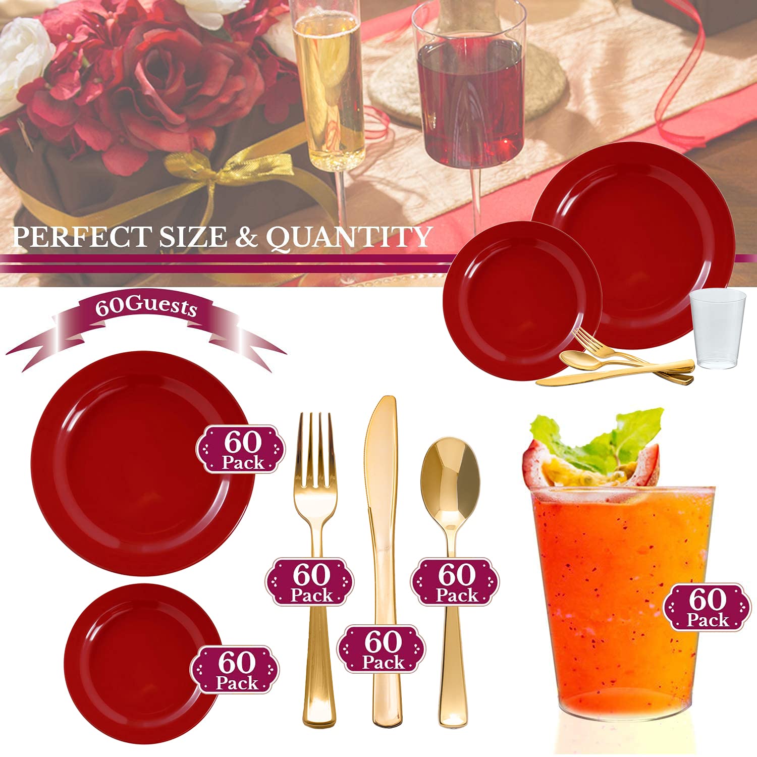 Red Combo Plate Set for 60 Guests - Premium Wedding Dinnerware Value Pack | Perfect for Wedding Receptions, Banquets & Large Gatherings