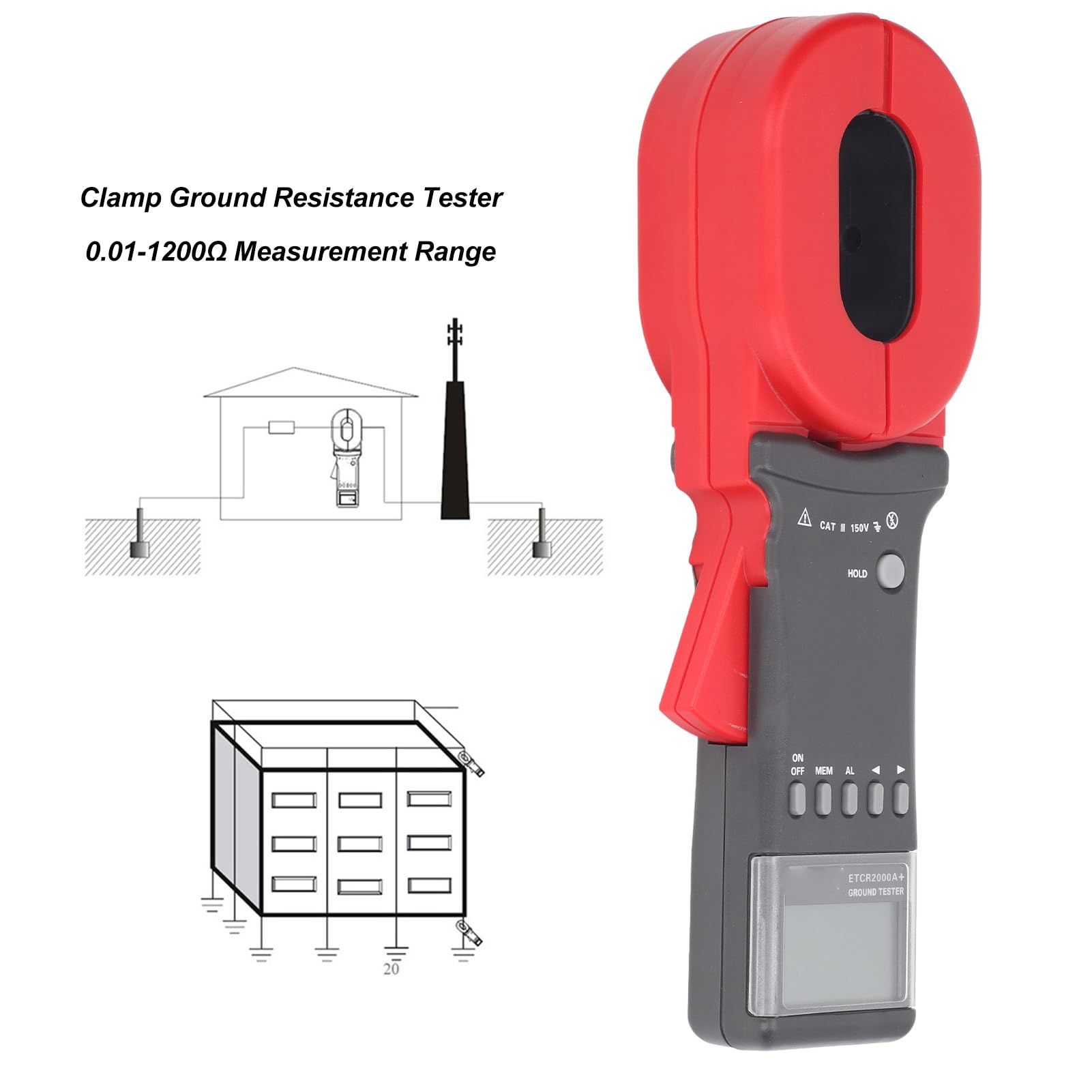 ETCR2000+ Digital Ground Resistance Tester - 0.01Ω to 1200Ω Range Clamp Meter for Electrical Safety Testing | Perfect for Industrial Maintenance, Solar Panel Systems & Home Electrical Inspections