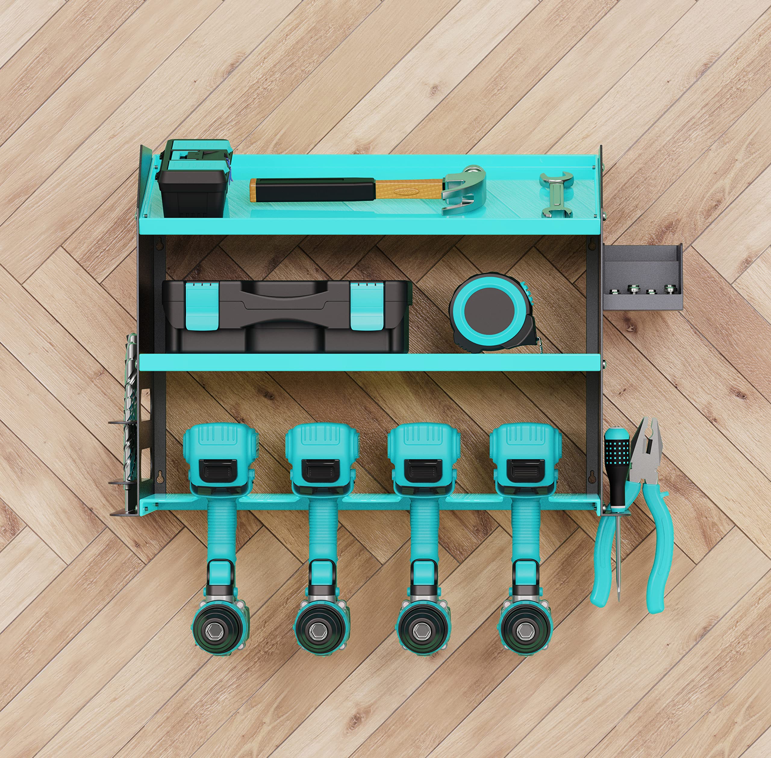 Luffioner Wall Mount Drill Storage Rack - Heavy Duty Power Tool Organizer for Drills & Bits - Garage & Workshop Tool Holder with Screw Box - Holds 4 Drills - Perfect Father's Day Gift (Blue) | Ideal for DIY Projects, Home Improvement & Professional Workspaces