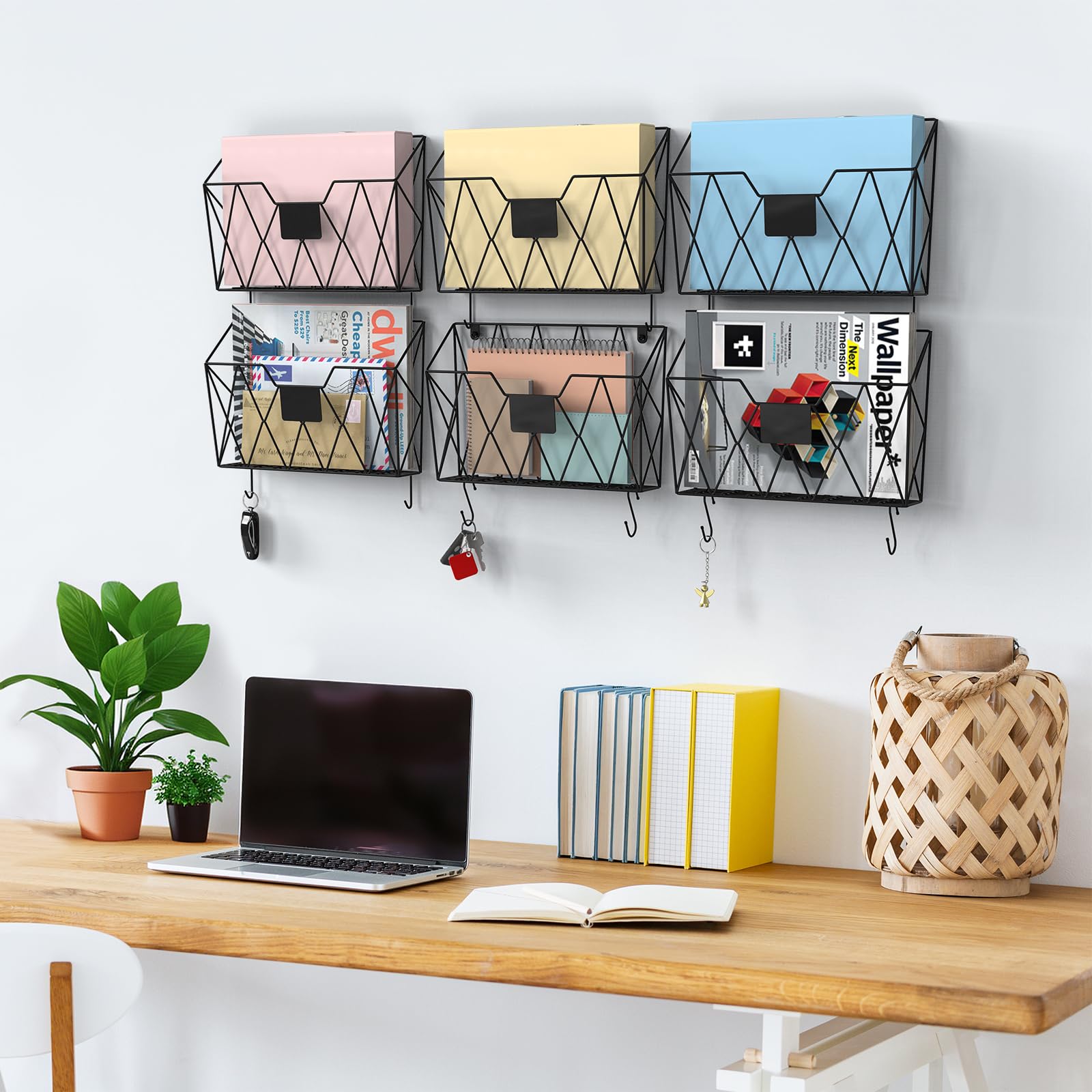 YBING 6-Pack Mesh Wall File Organizer with Hooks - Hanging Wall Mount Magazine Rack, Mail & Paper Holder for Office, Home - Perfect for Organizing Folders, Documents, Clipboards in Black (Ideal for Small Spaces & Home Office Organization)