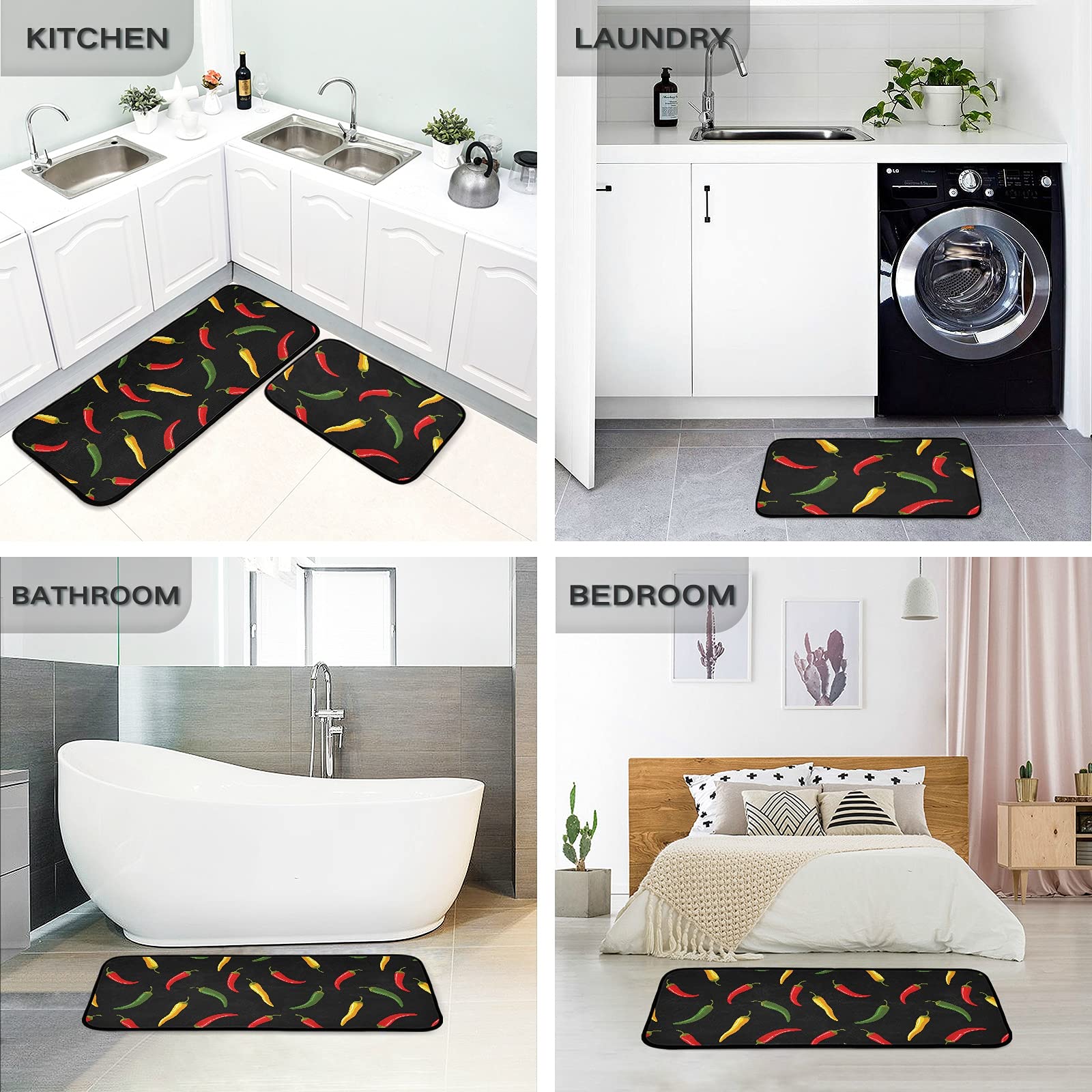 Colorful Chili Pepper Kitchen Rugs - Anti-Fatigue Non-Slip Mats for Cooking & Laundry