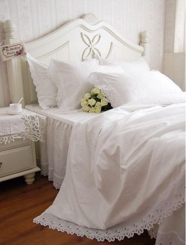 Shabby Chic Swan Lake White Cutwork Lace Cotton Duvet Cover Set - Twin Size 1116 | Elegant Bedroom Decor for Guest Rooms & Master Suites