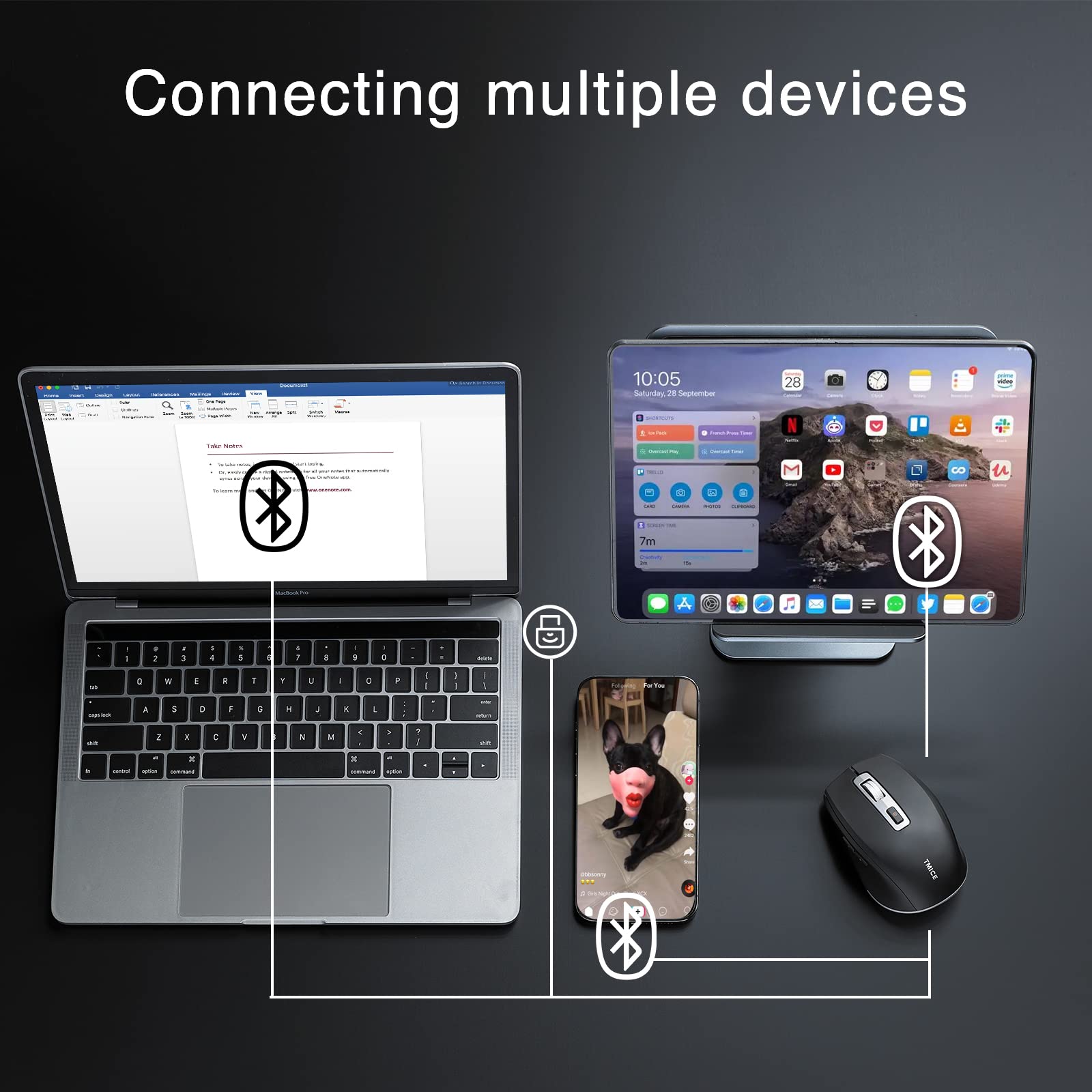 TMICE TKM01A Wireless Bluetooth Mouse & TikTok Controller - Dual Mode (Bluetooth 5.0/2.4GHz) for iPhone, iPad, iOS, Android, Windows - Perfect for Live Streaming, Gaming & Office Work - Black