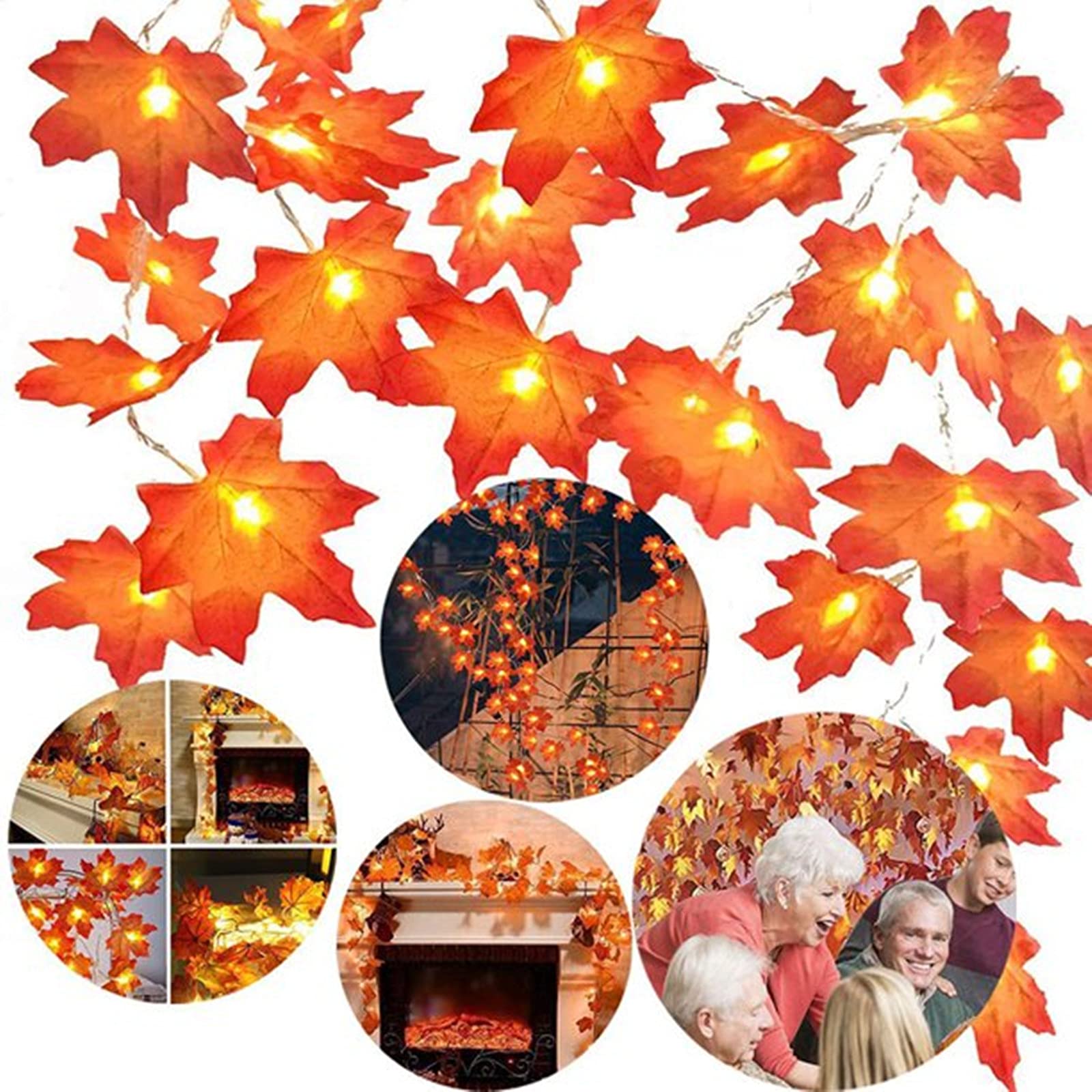 20 Ft Fall Garland with Lights - 2-Pack Battery Operated Maple Leaf String Lights (40 LEDs) for Thanksgiving, Christmas, Autumn Decor - Indoor & Outdoor Home, Party, Porch, Mantel Decoration
