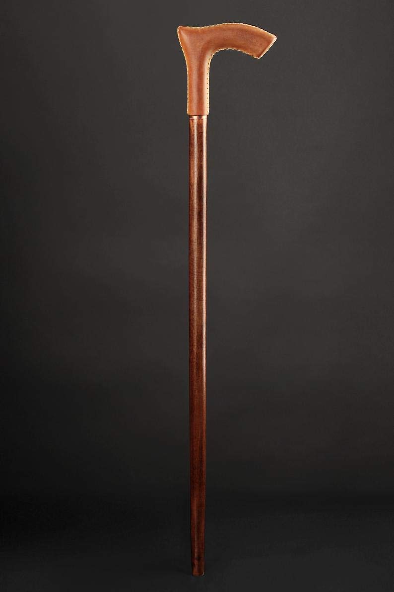 Premium Hand Carved Leather Wrapped Wooden Walking Cane - Derby Style Hiking Stick for Men & Women - Perfect Gift for Seniors, Travel & Outdoor Adventures