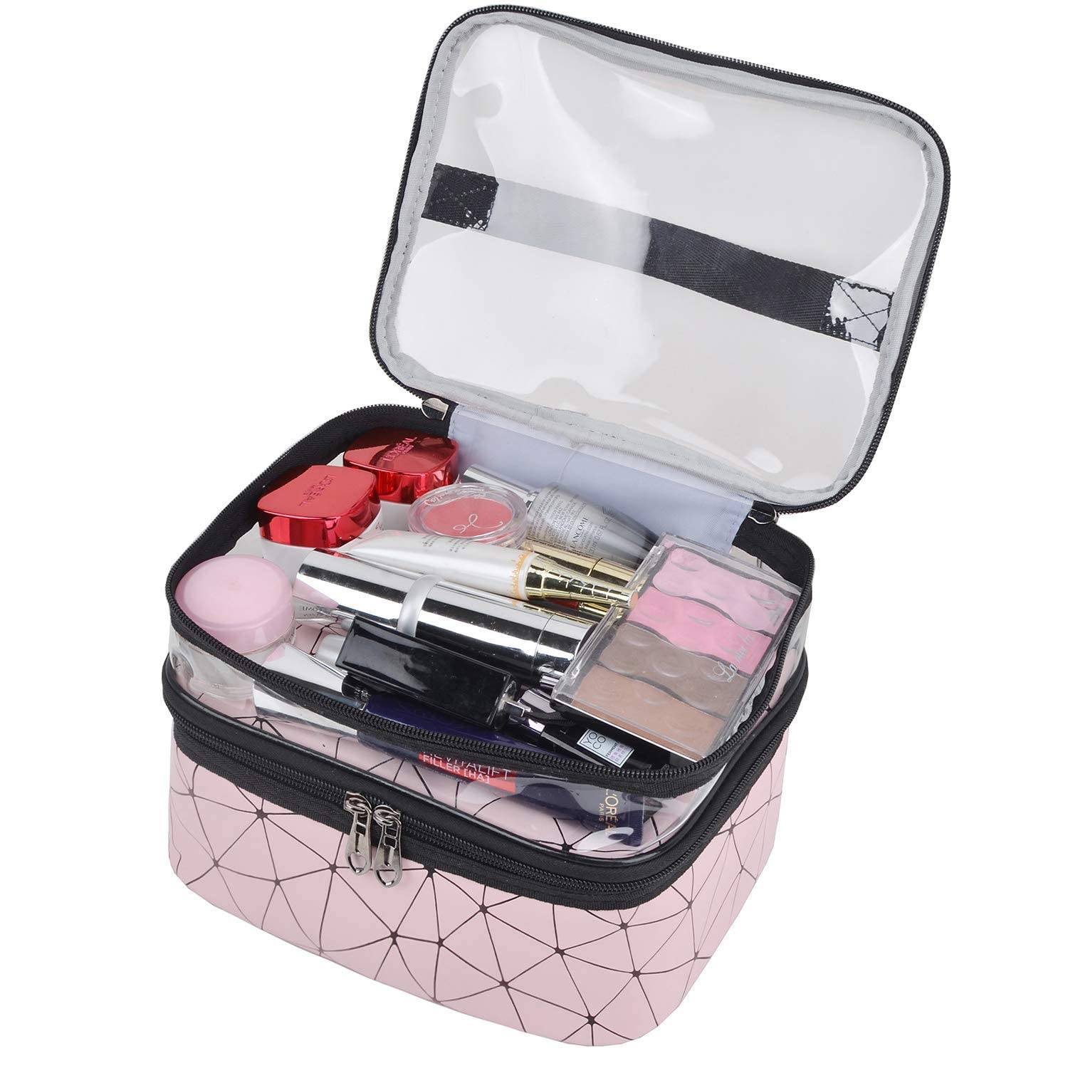 Zollyss Double Layer Waterproof Makeup Bag for Women - Travel Cosmetic Organizer Pouch, Toiletry Case for Girls (Pink) - Perfect for Travel, Gym, and Daily Beauty Storage
