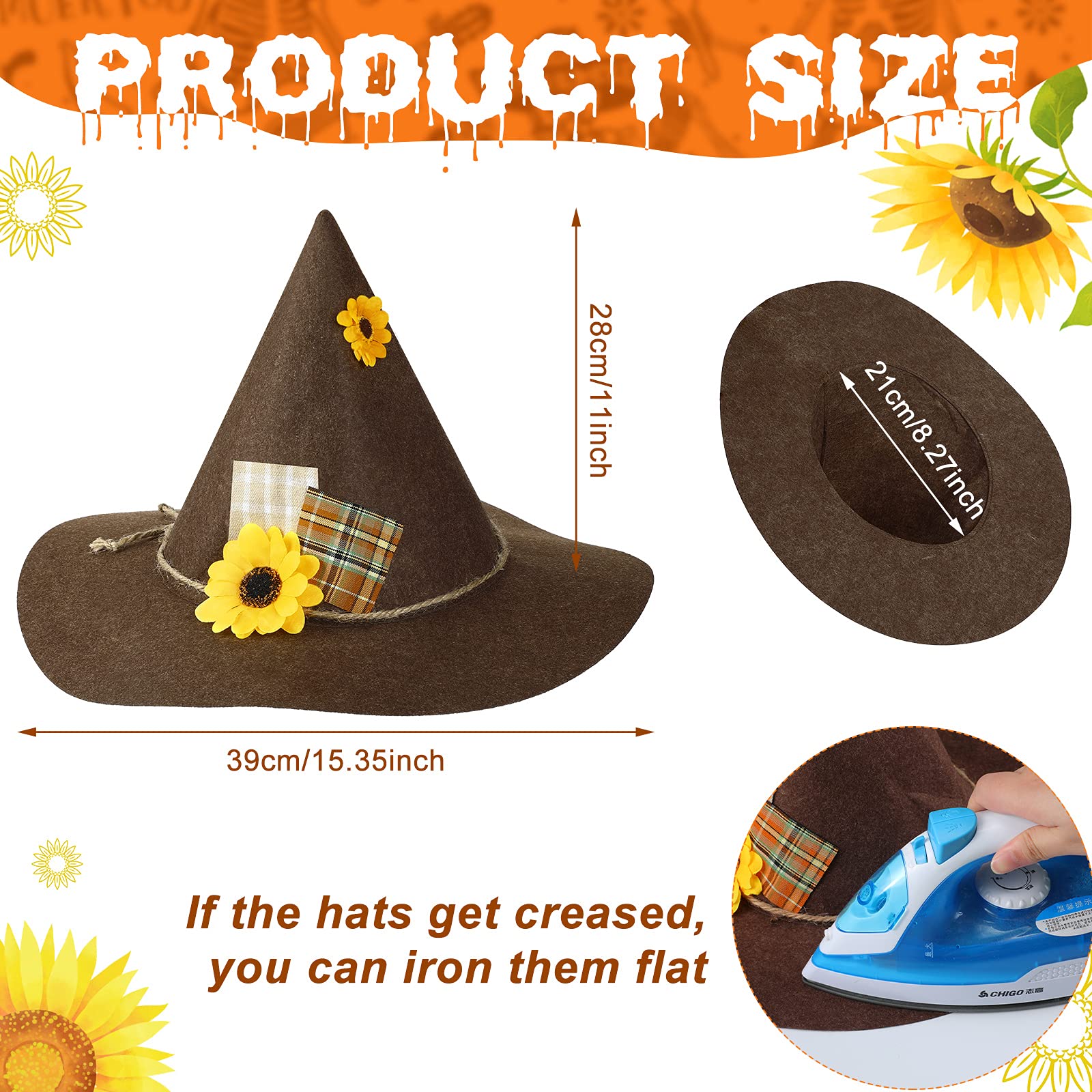 SATINIOR 2-Pack Scarecrow Hats with Sunflower Design - Felt Witch Costume Hats for Halloween, Cosplay & Themed Parties - Perfect for Fall Festivals, Pumpkin Patches & Outdoor Decor