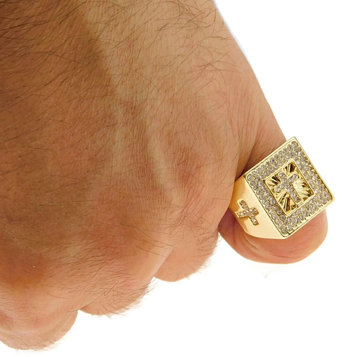 Men's Iced Out Cross Ring - Hip Hop Bling Chunky Band Yellow Gold Finish Sizes 7-12 - Perfect for Rappers, Streetwear Fashion & Gift Giving