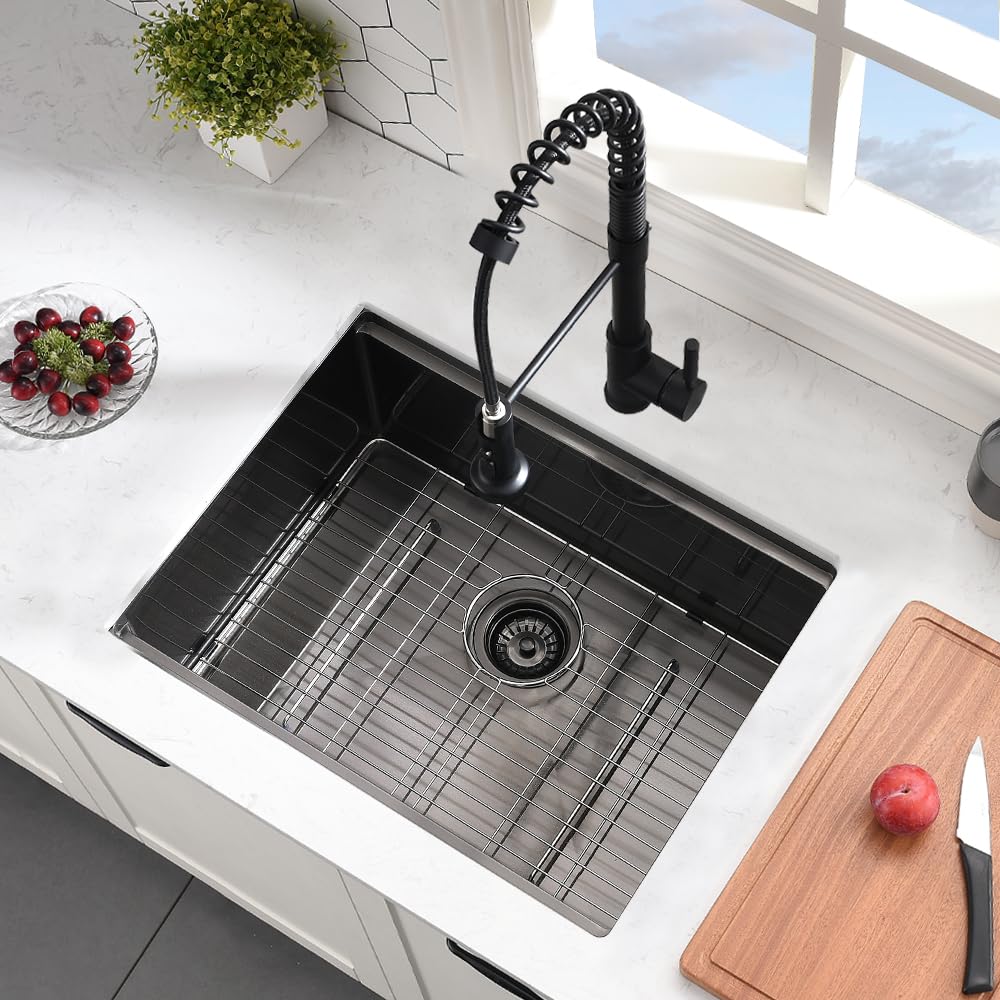 24 Inch Black Undermount Kitchen Sink - 16 Gauge Stainless Steel Workstation Sink with Deep Basin (24x19 Inch) - Perfect for Food Prep, Dishwashing & Bar Use