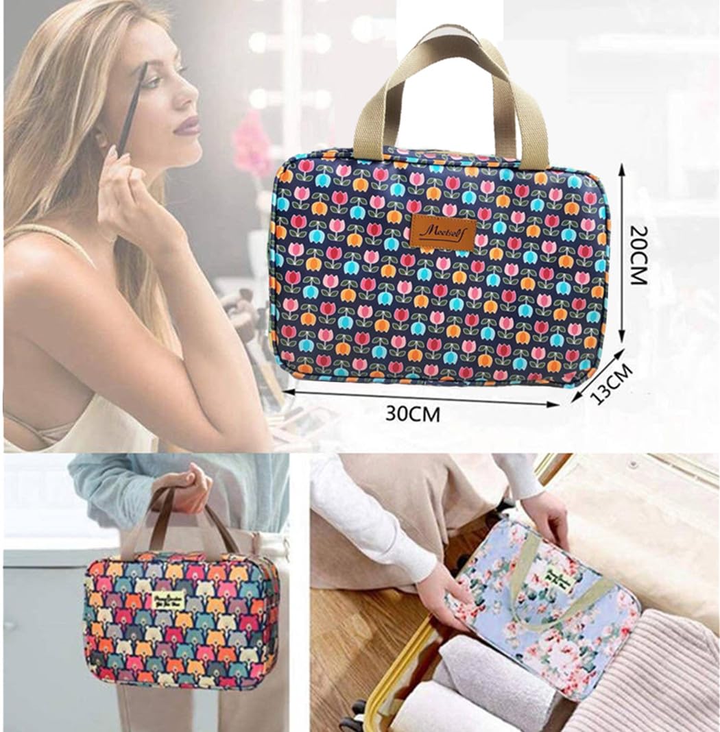 Large Makeup Bag for Women - Waterproof Travel Cosmetic Organizer with Brush Compartment (Little Flower Blue) | Perfect for Travel, Gym & Daily Essentials Storage
