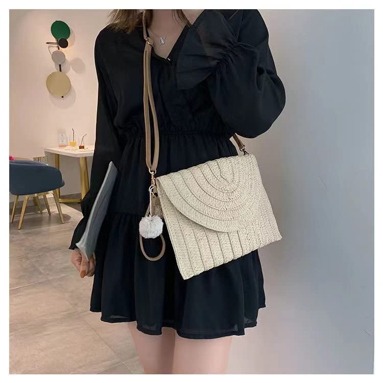 Hand-Woven Straw Shoulder Bag for Women - Boho Crossbody Clutch with Pompom Detail - Summer Beach Purse & Wallet (Color A) | Perfect for Vacation, Pool Parties, and Outdoor Events
