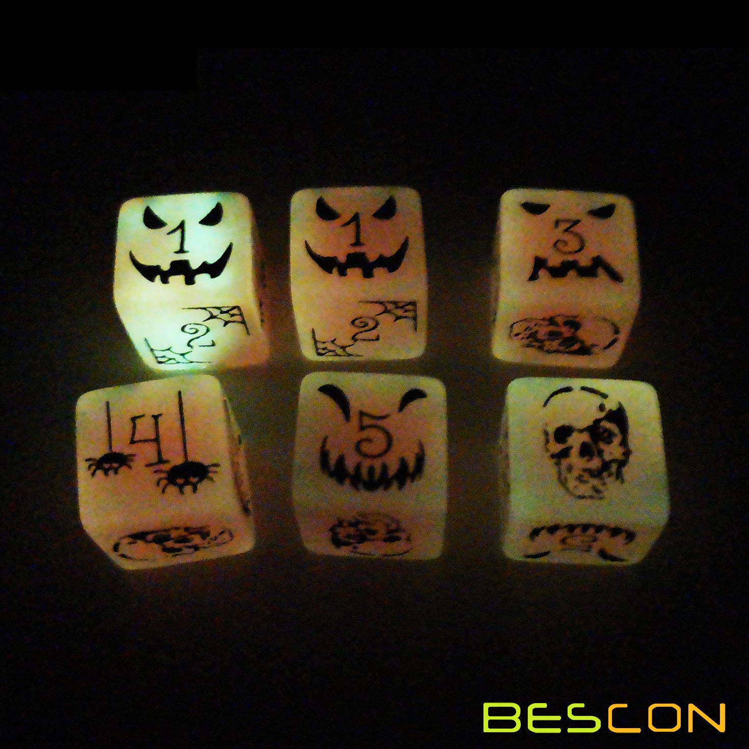 Bescon Glow in the Dark Halloween Dice Set - 6 Orange Luminous D6 Dice with Velvet Pouch for Tabletop RPG, Dungeons & Dragons, Board Games & Halloween Party Decorations