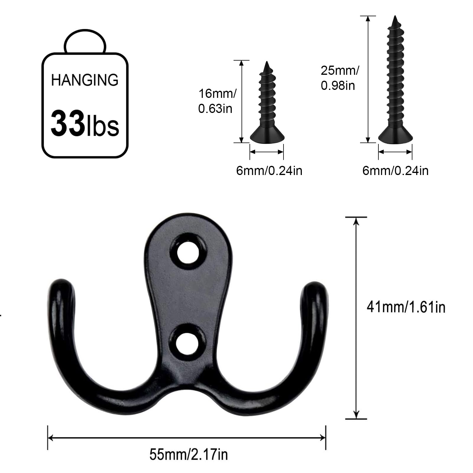 12 Pack Double Wall Hooks - Vintage Metal Coat Hooks with 48 Screws - Heavy Duty Retro Hooks for Bathroom, Kitchen, Closet & Entryway Organization (Black)