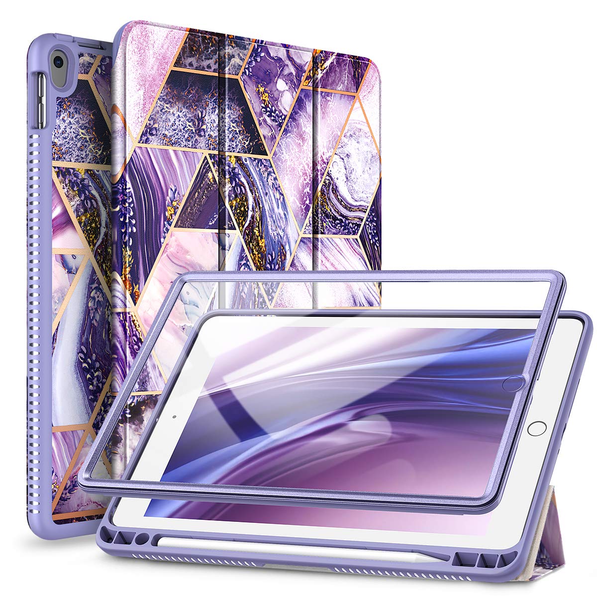 SURITCH iPad Air 3 (2019) & iPad Pro 10.5 (2017) Protective Case with Built-in Screen Protector, Pencil Holder & Auto Wake/Sleep - Purple Marble Design | Perfect for Work, School & Travel