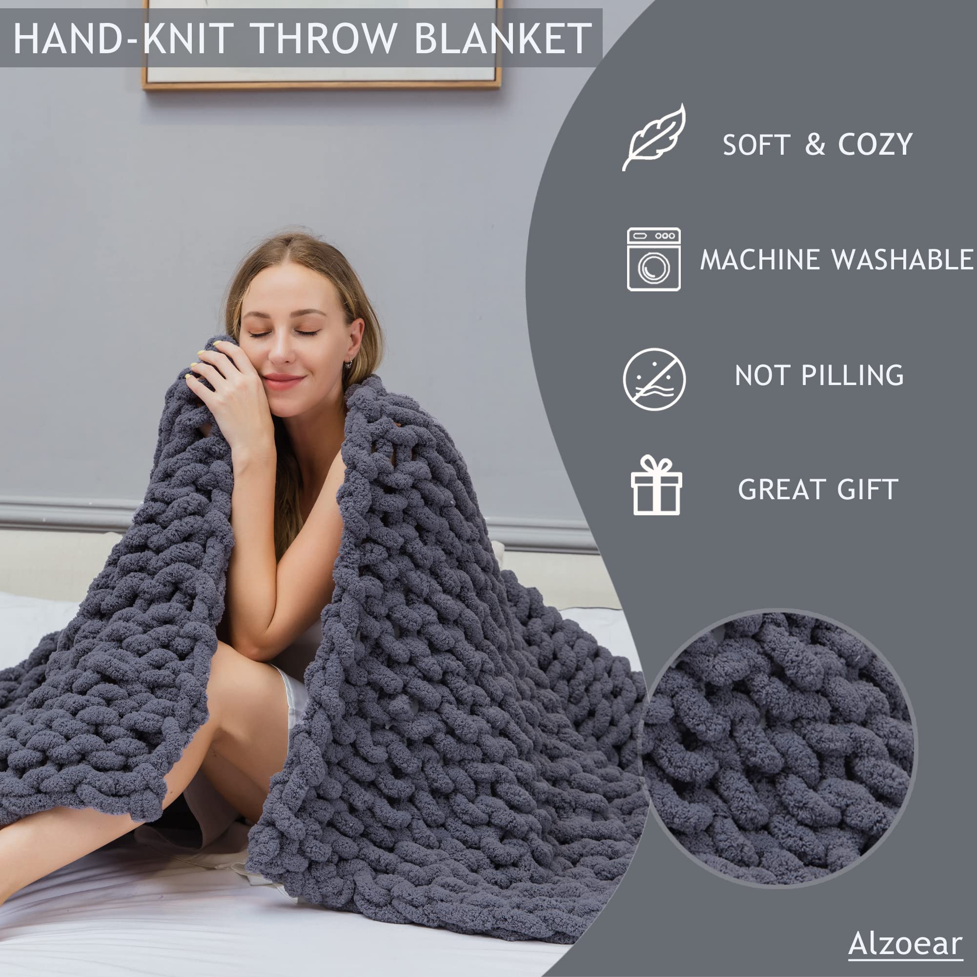 Alzoear Chunky Knit Throw Blanket - Chenille Handmade Cozy Warm Blanket for Sofa, Bed & Home Decor (Dark Grey, 60x80 Inches) - Perfect for Winter Nights, Couch Lounging & Gift Giving