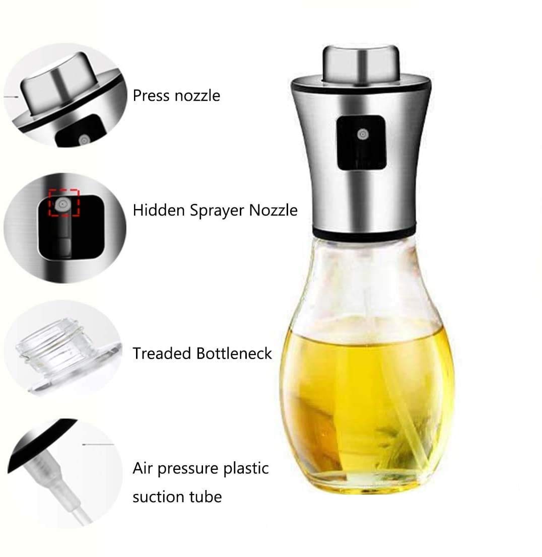 HKUTOTECH Stainless Steel Oil Spray Bottle for Cooking - 8oz Glass Oil Dispenser for Baking, Grilling, Roasting, Frying & Salad Dressing | Perfect for Kitchen, BBQ, Camping & Healthy Cooking