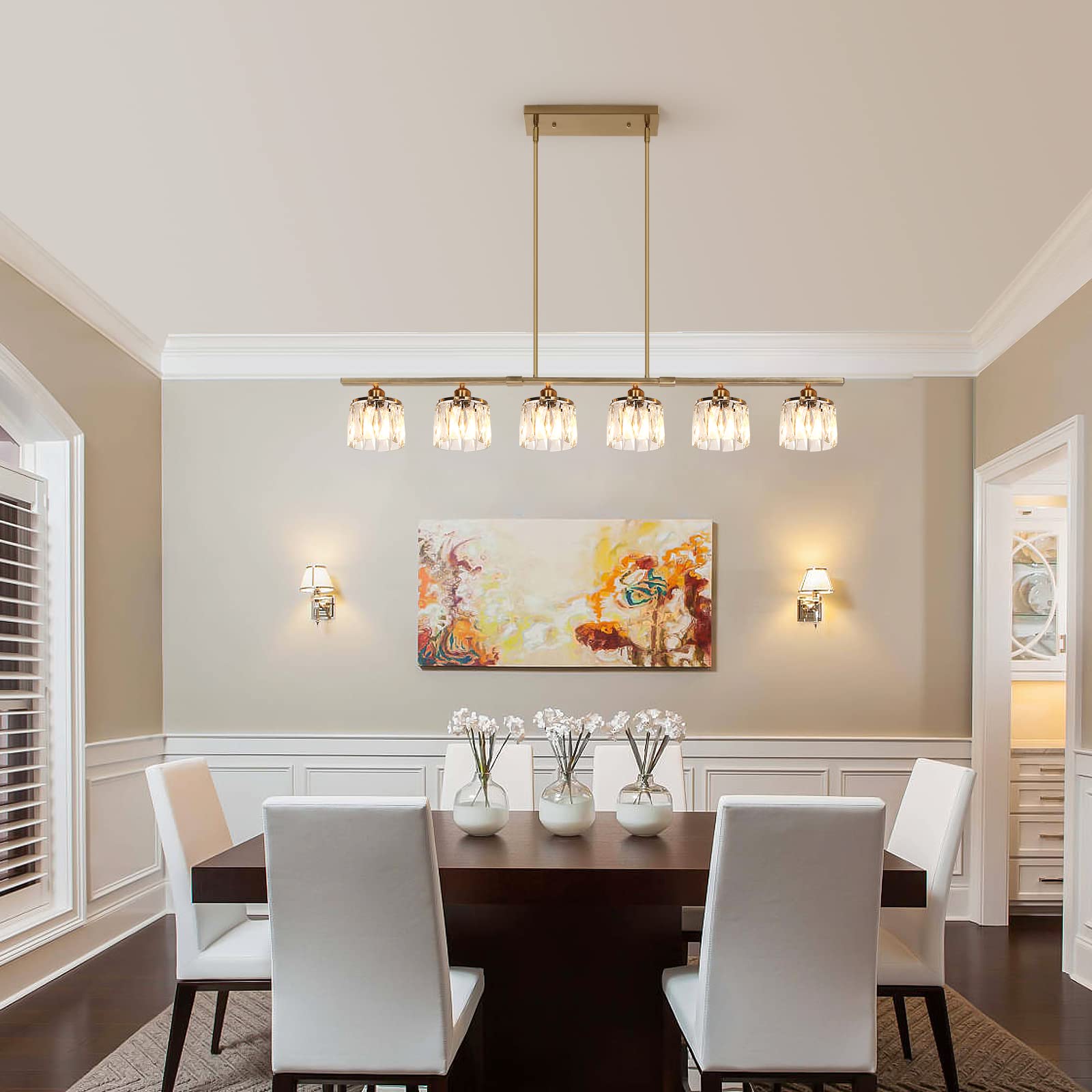 Modern Adjustable Brass Chandelier with Crystal Shade - 6-Light Linear Ceiling Pendant for Dining Room & Kitchen (48