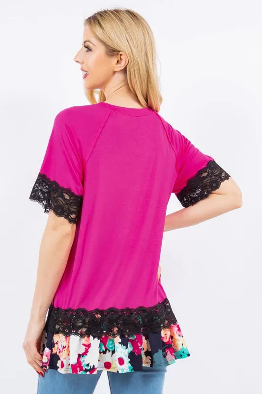 Celeste Plus Size Lace Trim Short Sleeve Blouse - Floral Embroidered Women's Tops for Casual Wear & Summer Outfits