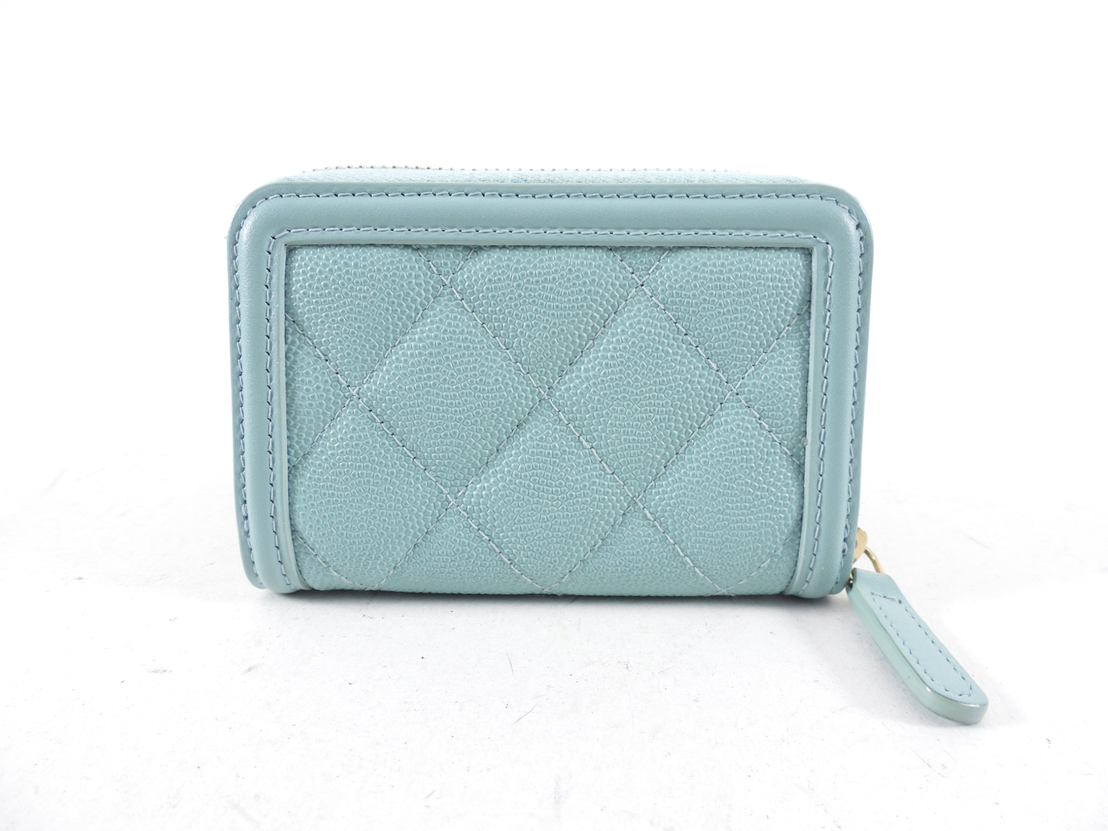 Chanel Light Blue Caviar Leather Filigree CC Zip Wallet for Women | Luxury Designer Clutch for Evening Out & Special Occasions