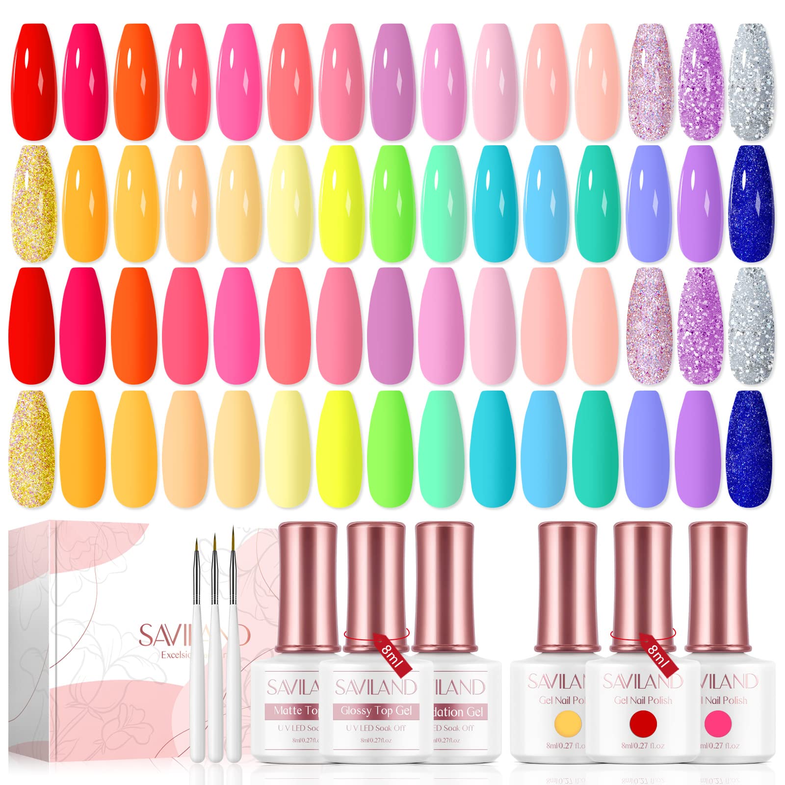 SAVILAND 36PCS Gel Nail Polish Kit - 30 Colors Glitter Gel Polish Set with Base, Top Coat & Matte Finish | DIY Manicure Kit for Women | Perfect for Home Nail Art & Salon Quality Results