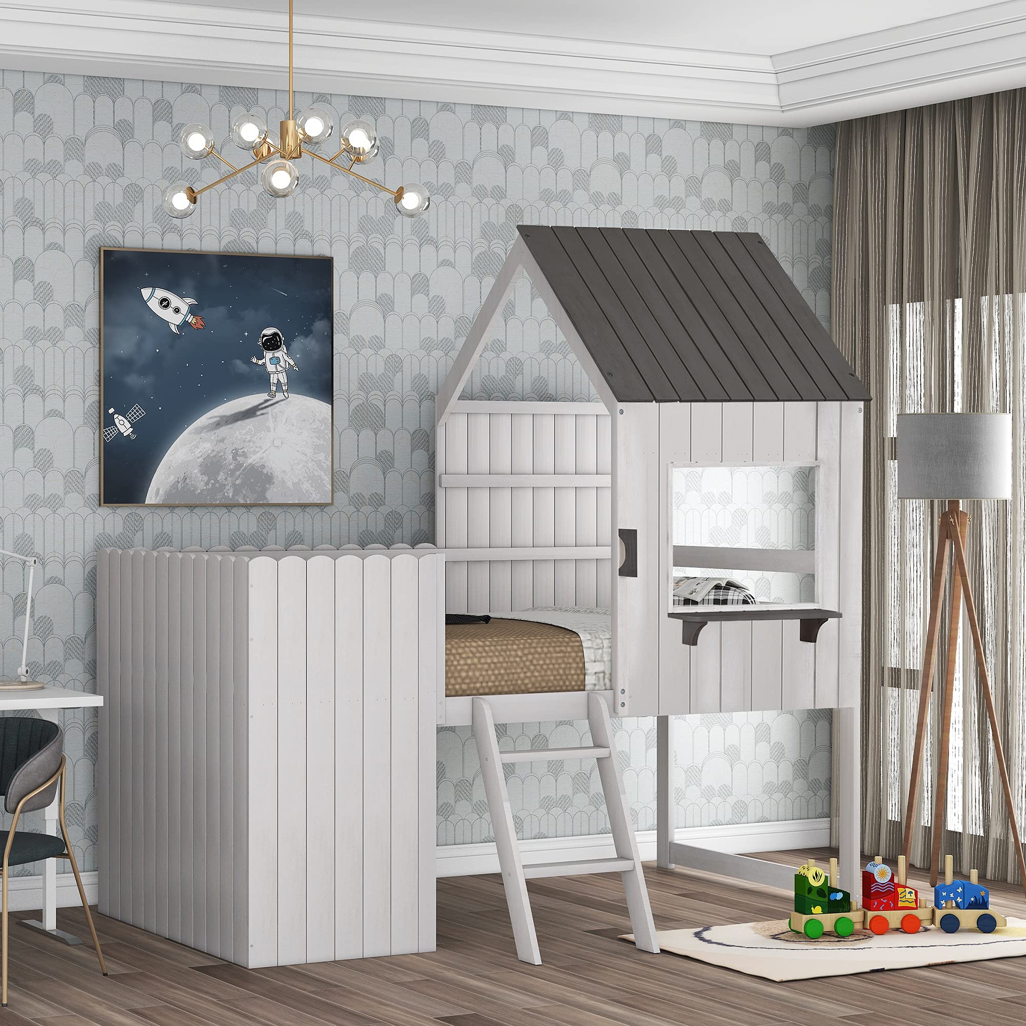 Twin Size Low Loft Bed for Kids - Wooden House Bed Frame with Roof, Window & Safety Guardrails - Perfect for Small Rooms, Kids Bedrooms & Play Areas (Antique White)