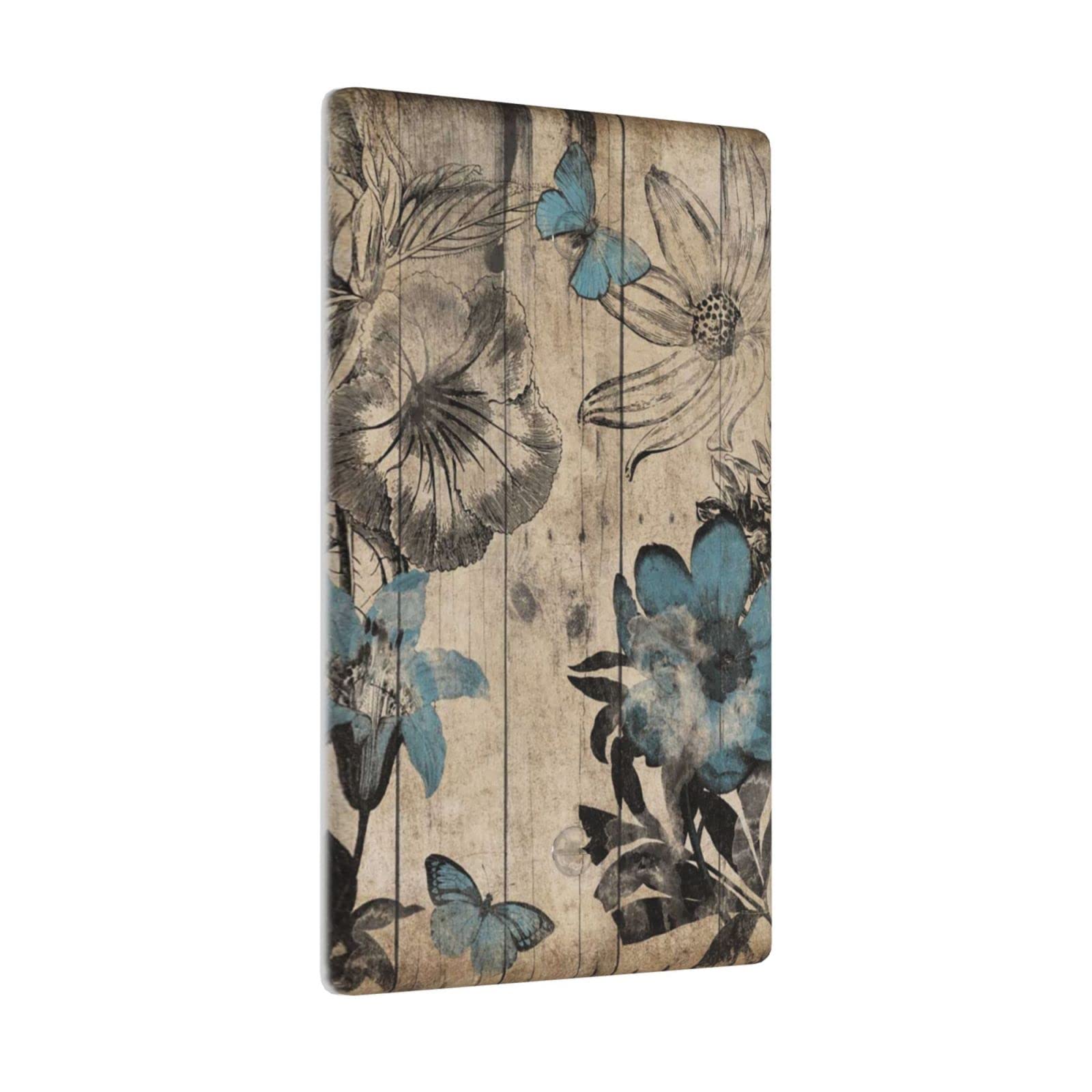 Blue Wood Floral Decorative Light Switch Cover - Single Gang Blank Plastic Wall Plate for Electrical Outlets - Perfect for Kids Bedroom, Bathroom & Home Decor