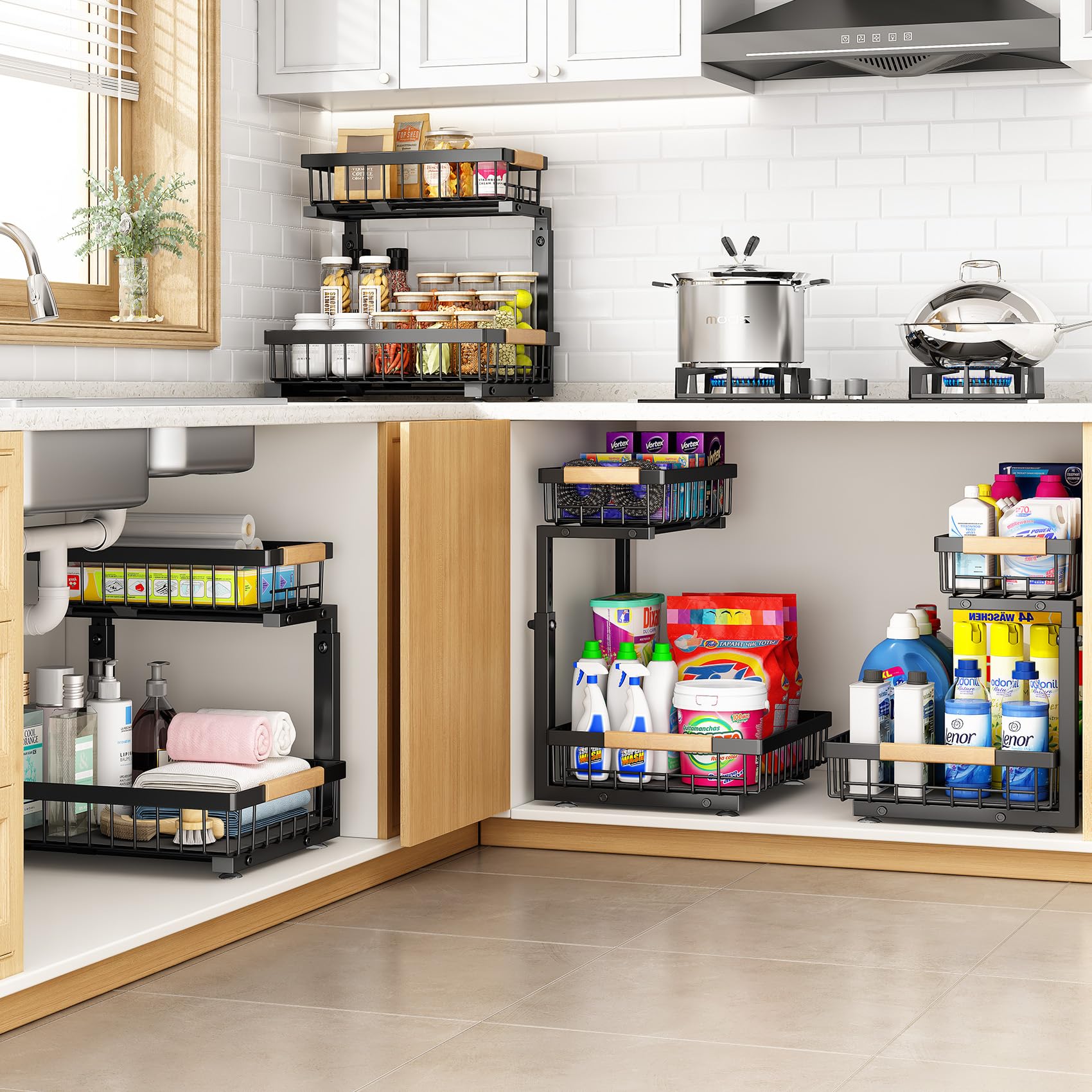 PXRACK 2-Pack Under Sink Organizer - Adjustable Height 2-Tier Pull Out Cabinet Shelf with Thickened Metal Frame | Slide Out Storage for Kitchen, Bathroom & Laundry Cabinets | Perfect for Pots, Pans & Cleaning Supplies Organization