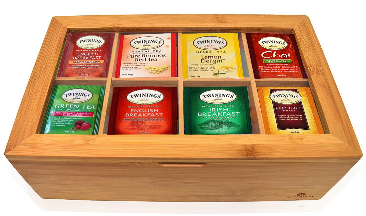 Twinings Tea Bags Sampler - 16 Flavors in Bamboo Box | Perfect Gift for Tea Lovers at Home & Office