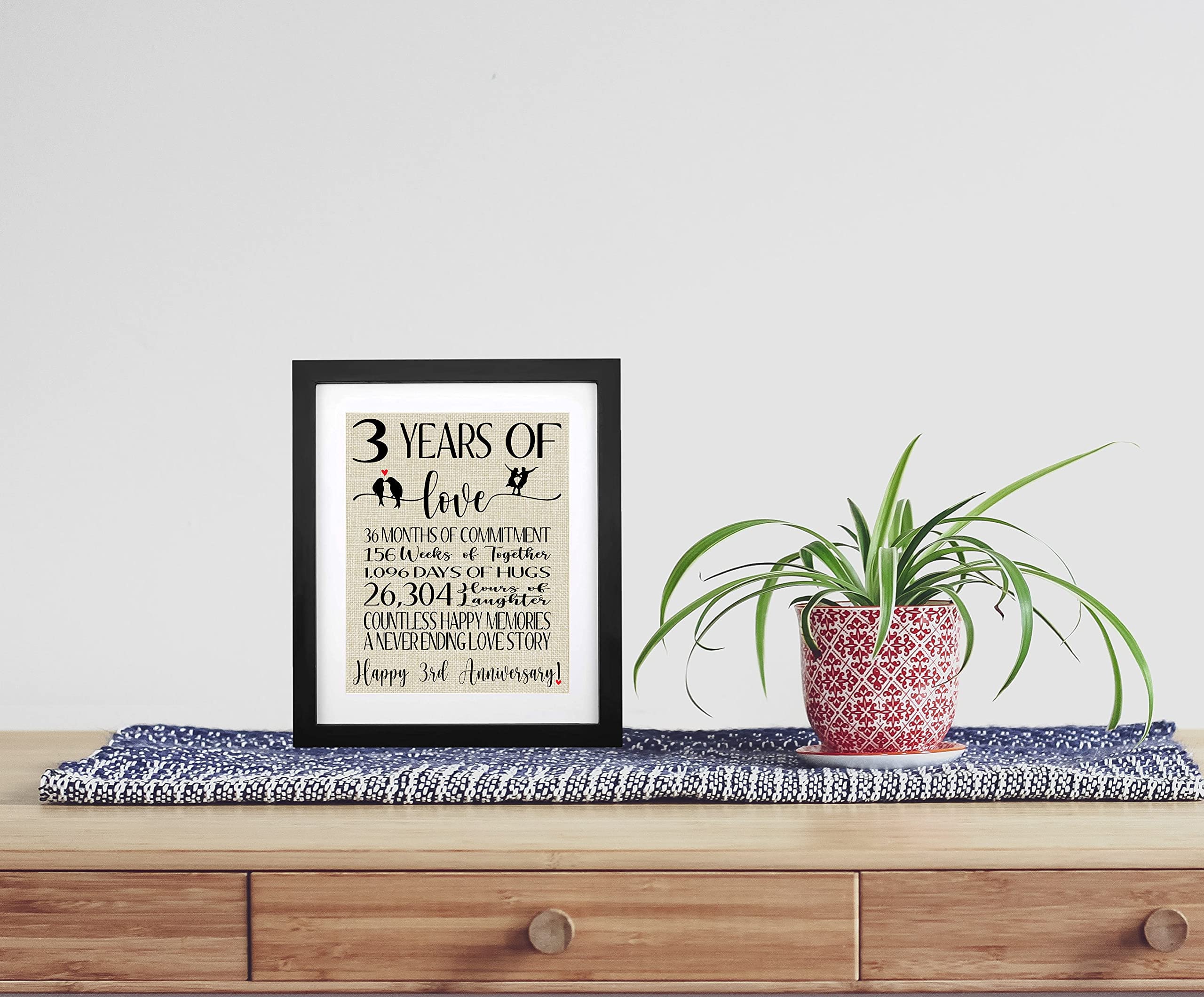 TOBOHU Romantic Burlap Print with Frame - 3rd Wedding Anniversary Gift for Couples, Husband & Wife - 3 Years Love Keepsake - Perfect for Home Decor & Romantic Surprises