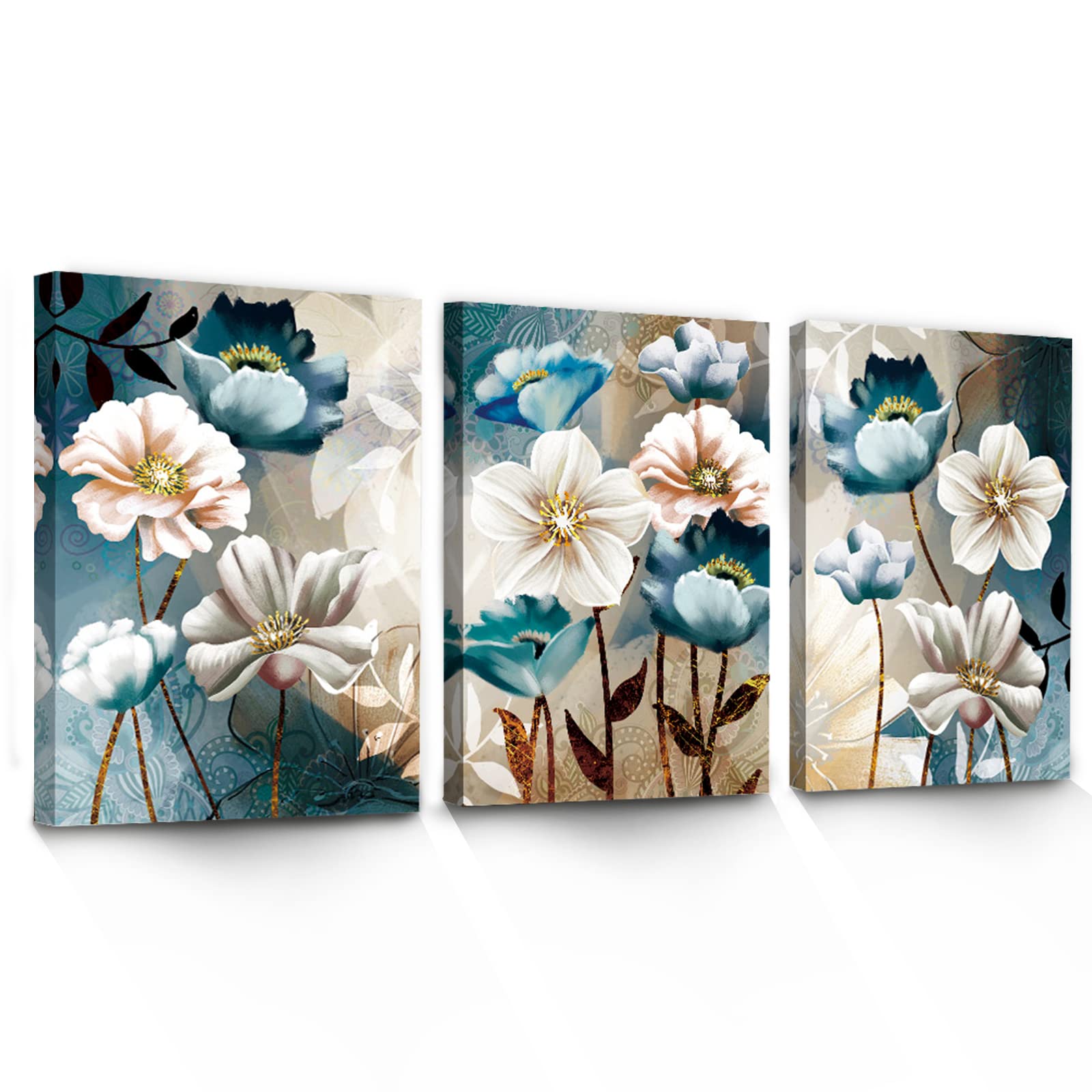SERIMINO 3 Piece Lotus Flower Canvas Wall Art - White and Indigo Blue Floral Print Painting for Living Room, Bedroom, Dining Room, Bathroom & Kitchen Decor | Modern Home Wall Decorations for Housewarming, Wedding & Interior Design