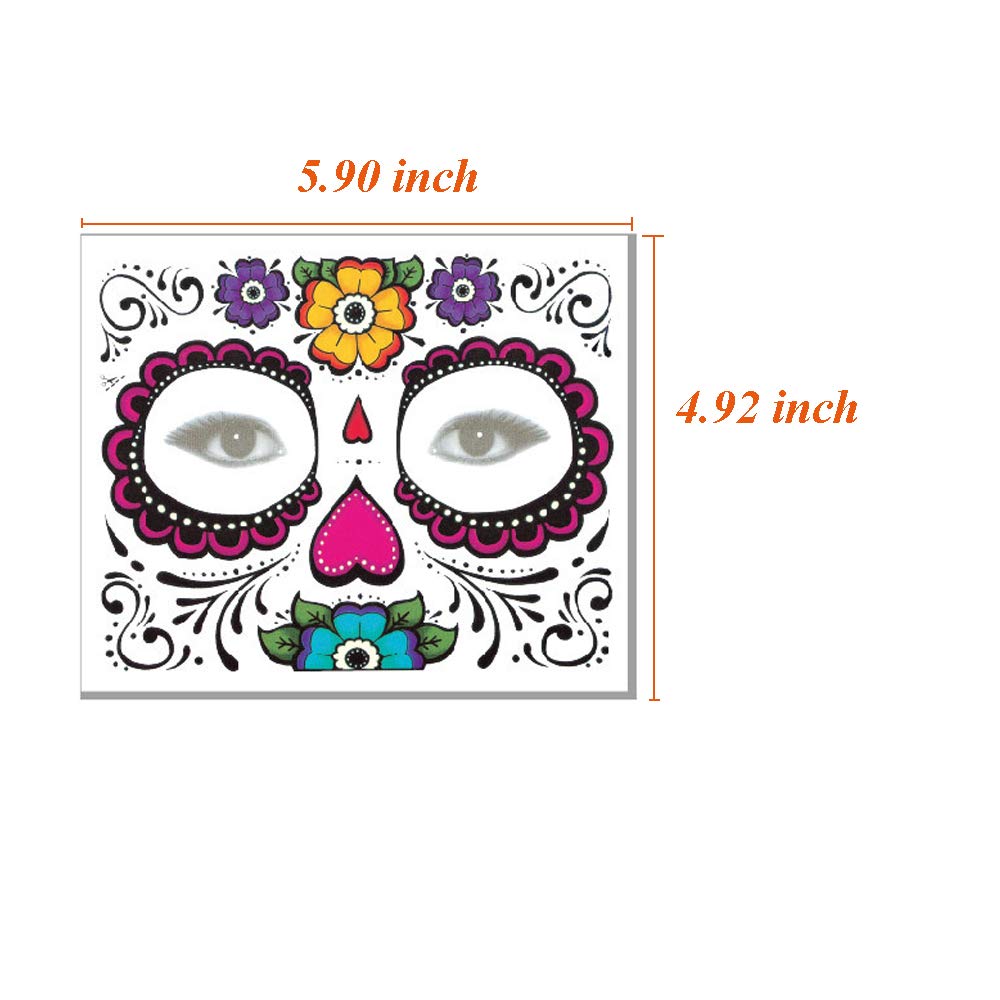 8 Pack Day of the Dead Temporary Tattoos - Sugar Skull Face Tattoos with Floral, Glitter Roses & Skeleton Designs for Halloween, Masquerade Parties & Dia de los Muertos Celebrations - Perfect for Costumes, Face Painting & Festival Decorations