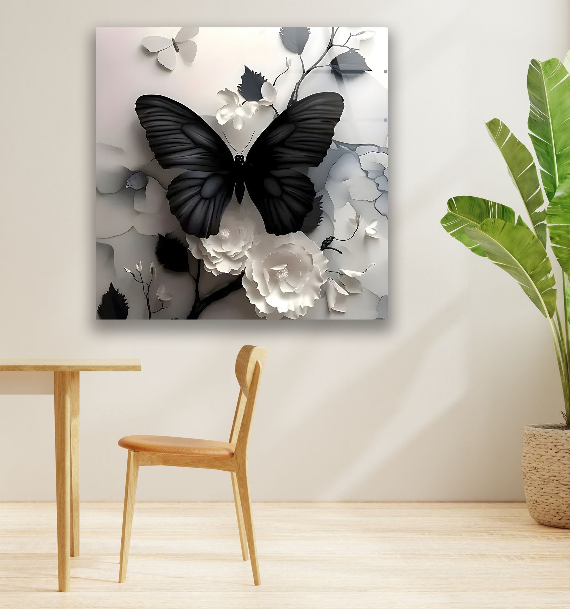 Elegant Black Butterfly & Floral Glass Wall Art - Handmade Decorative Panel for Living Room, Bedroom, or Office Decor