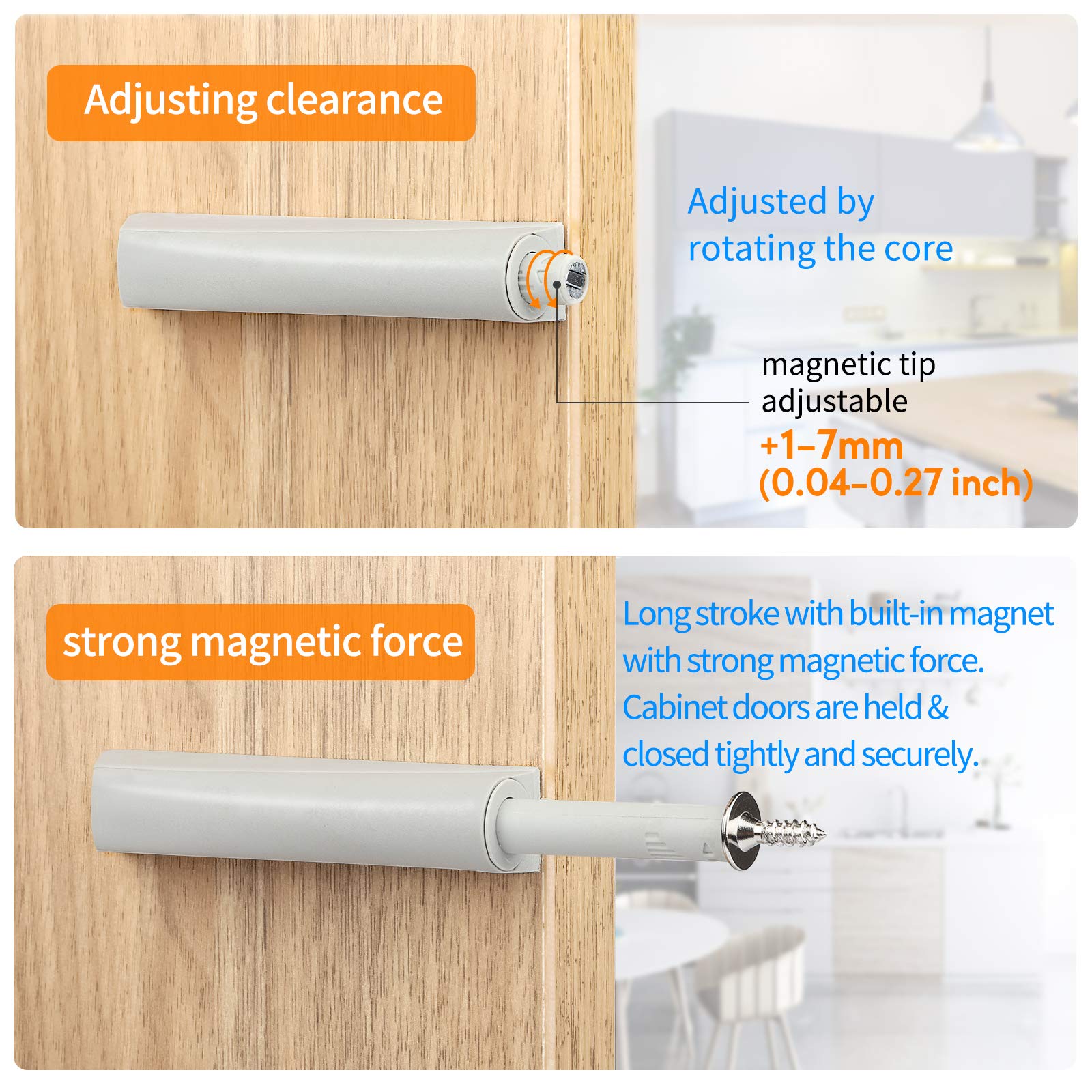 Magnetic Cabinet Door Latches 4 Pack - Soft Close Push to Open Latches, Light Gray Quiet Closers for Kitchen & Cabinet Doors - Perfect for Home, Office, and RV Storage Organization