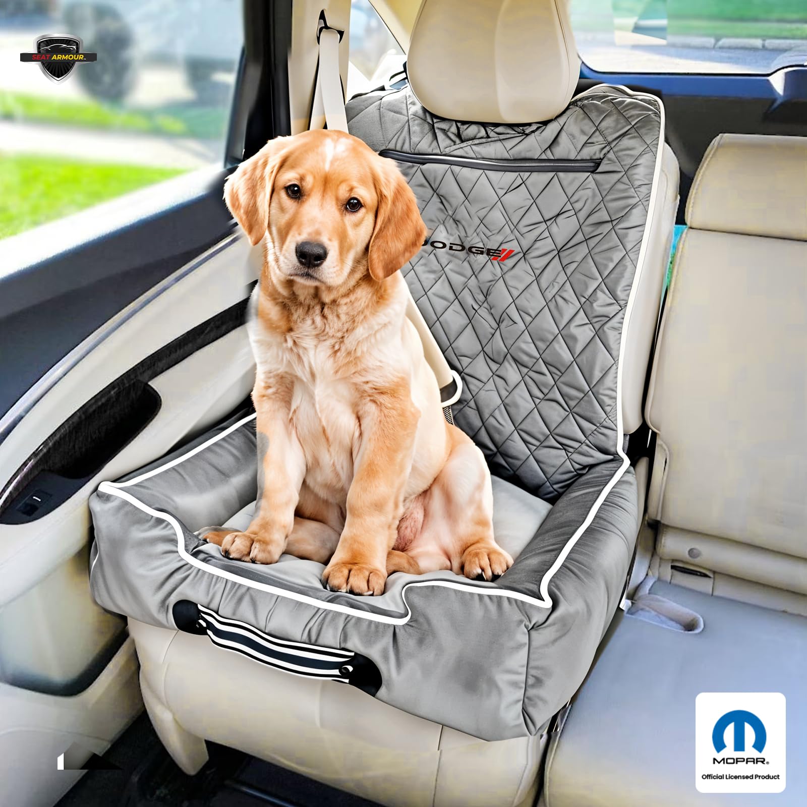 **Dodge PetBed2GO Dog Car Seat Cover – 2-in-1 Pet Bed & Seat Protector – Waterproof, Non-Slip, 26x20x6 Inches, Gray – Perfect for Travel & Daily Commute**