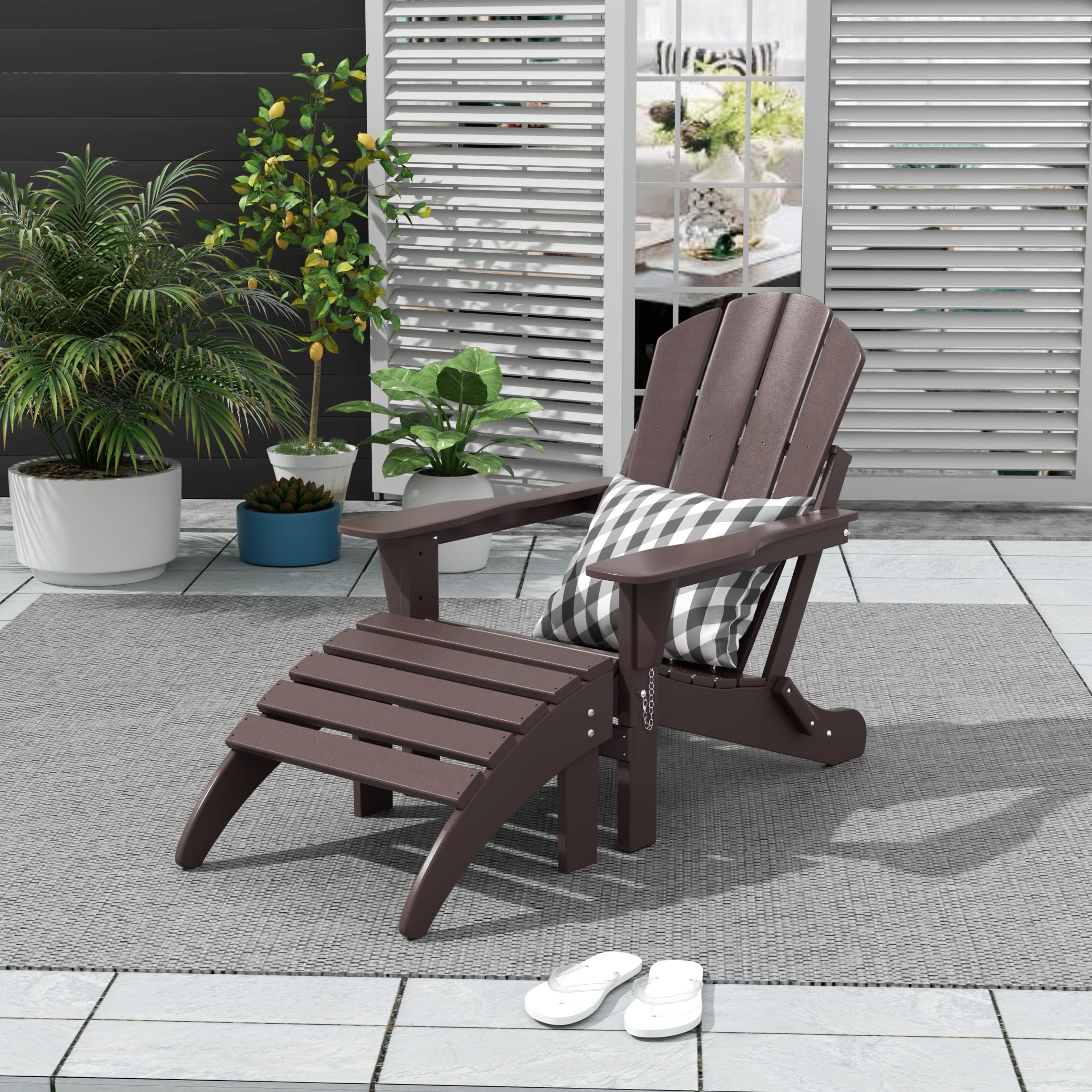WO Home Furniture Adirondack Chair & Ottoman Set of 2 - Classic Outdoor Patio Furniture in Dark Brown - Perfect for Backyard, Garden, and Poolside Relaxation
