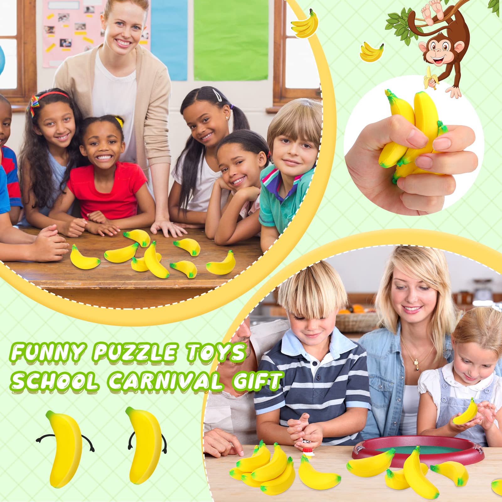 Jerify 100 Pcs Stretchy Banana Stress Relief Toys - Realistic PU Foam Fidget Toys for Adults & Teens (2.36 Inch) - Perfect for Anxiety Relief, Office Desk, Classroom & Party Favors