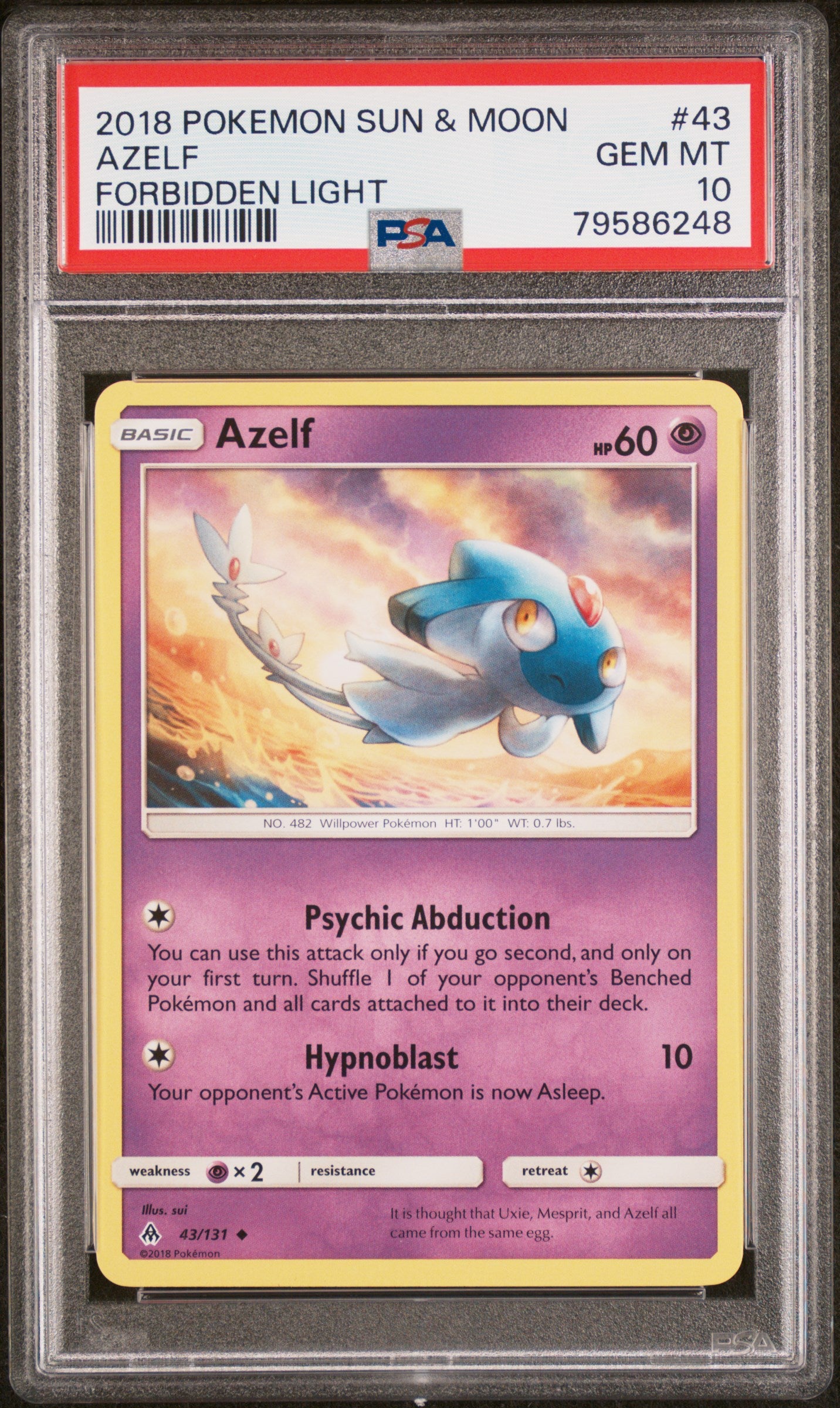 2018 Pokemon Sun & Moon Forbidden Light Azelf #43 PSA GEM MT 10 - Rare Trading Card for Collectors & Pokemon Battles - Perfect for Gaming Tournaments & Display Collections
