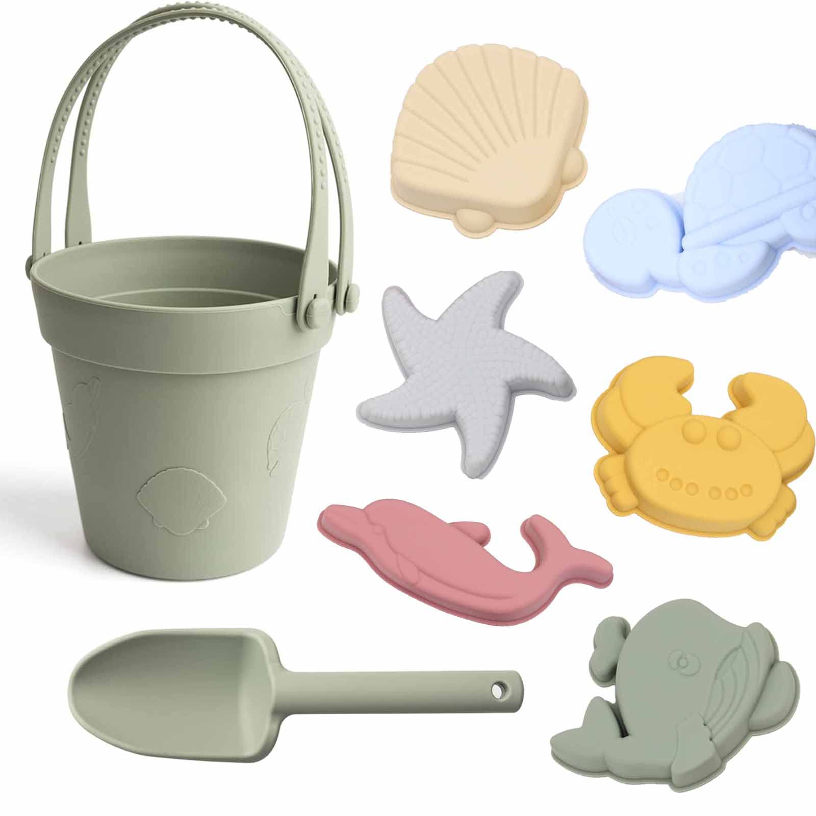 QJWMY 8Pcs Eco-Friendly Silicone Beach Toys for Kids 3-10, Durable Beach Bucket and Shovel Set with 3D Sea Animal Molds, Safe Sandbox Toys for Toddlers (Green) - Perfect for Beach, Park, and Backyard Play