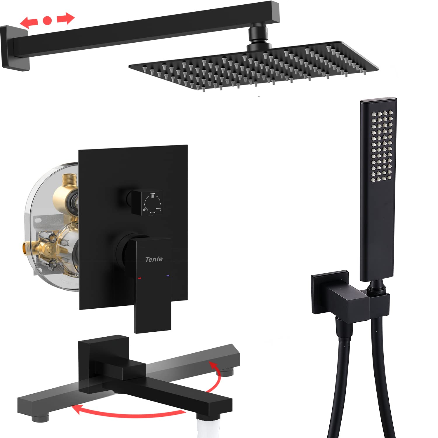 Tenfe Folding Bathtub Shower Faucet Set - Matte Black 3-Function Tub Shower Rough-in Valve with Rain Shower Head & Handheld Sprayer | Perfect for Small Bathrooms & Space-Saving Solutions