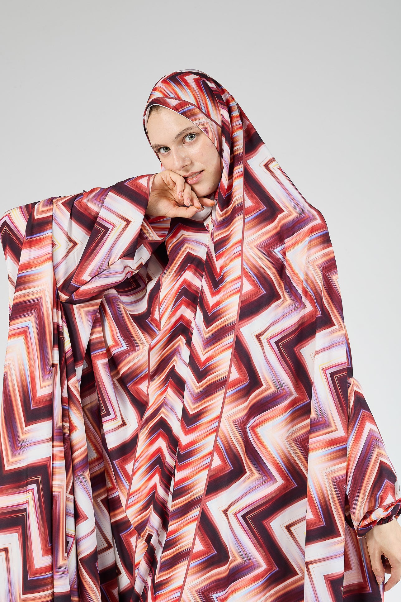 Faten Chevron Satin Prayer Gown with Elastic Cuffs - Comfortable Islamic Prayer Dress for Women, Perfect for Salah, Mosque & Home Worship