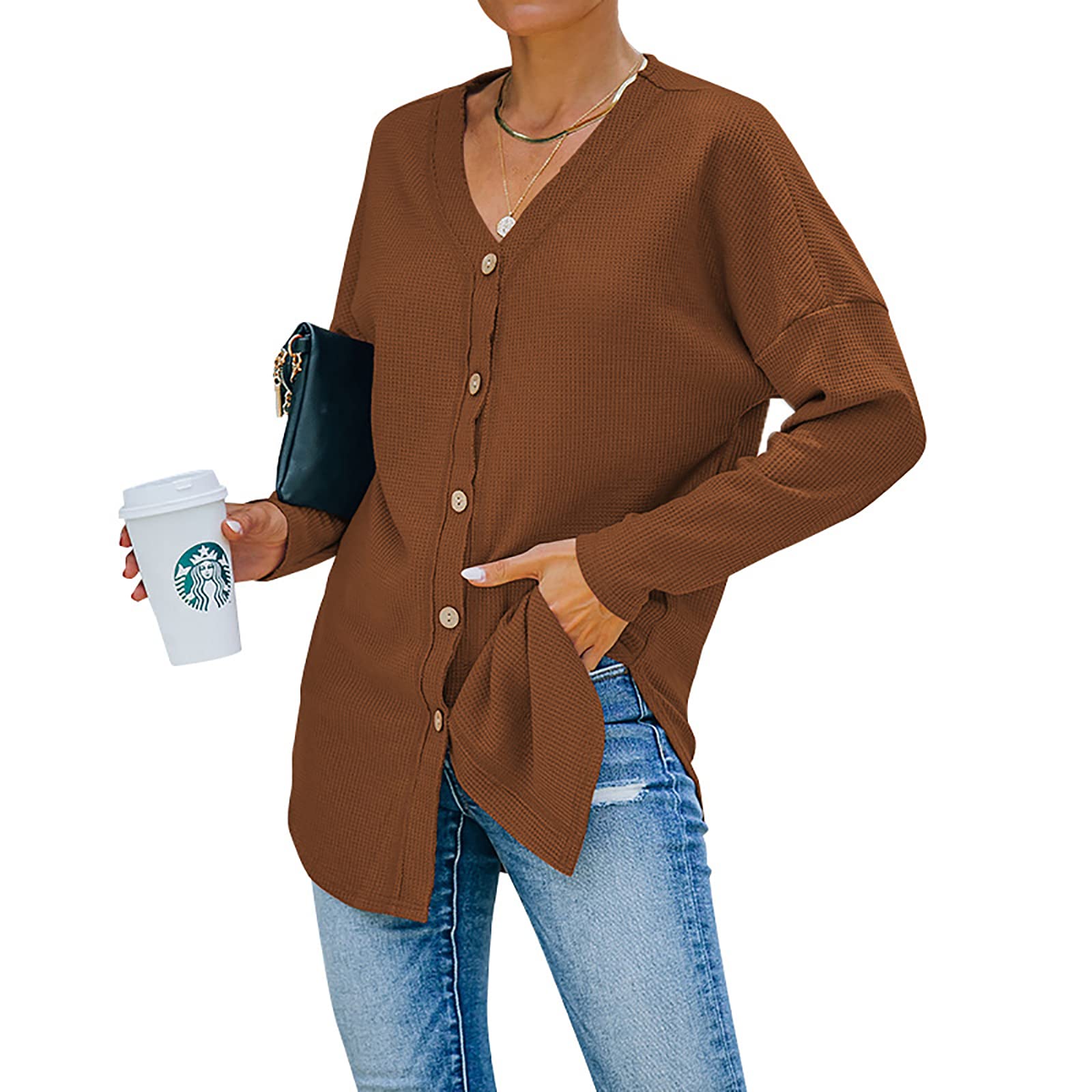 YUZIBAO Women's Waffle Knit Button Down Shirt - Stylish Tunic Blouse with Tie Knot Henley Neckline | Perfect for Office, Casual Outings & Date Nights