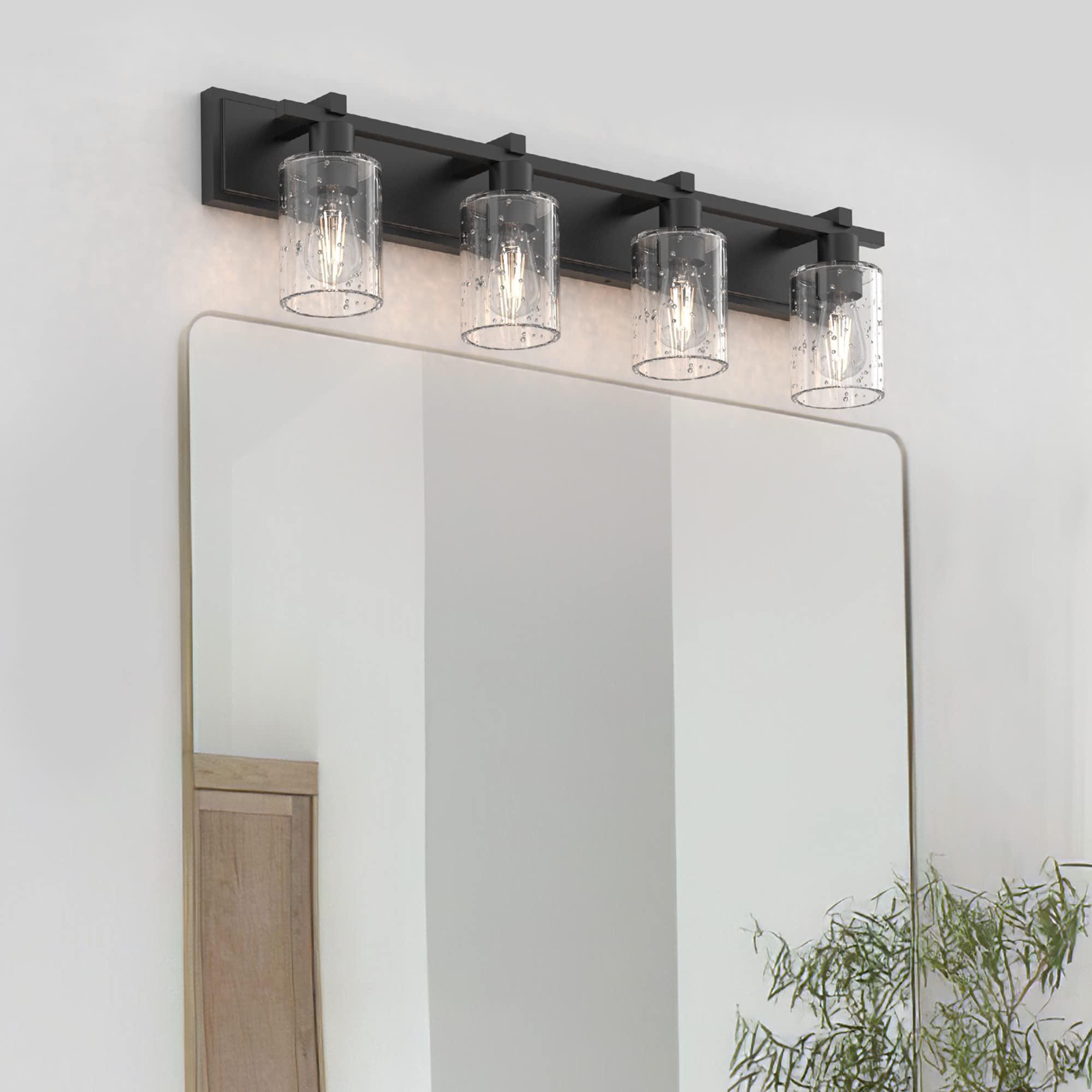 Modern Matte Black Bathroom Vanity Light - 4-Light Wall Sconce with Thickened Seeded Glass Shade, 33 Inch Contemporary Fixture for Mirror Lighting | Perfect for Bathroom, Powder Room, and Dressing Area Makeup Vanity