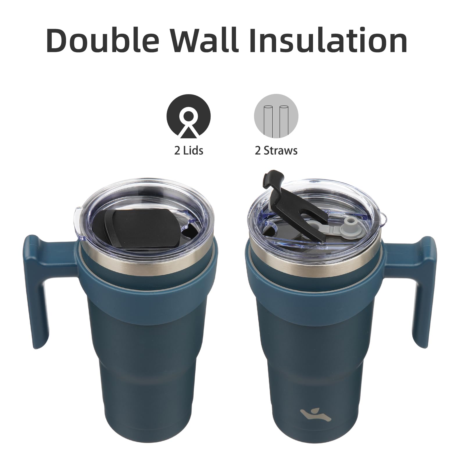 20 oz Insulated Stainless Steel Tumbler with Handle - Vacuum Sealed Travel Mug with 2 Straws & 2 Lids, Navy Blue - Perfect for Coffee, Tea & Cold Drinks On-The-Go, Office & Outdoor Activities