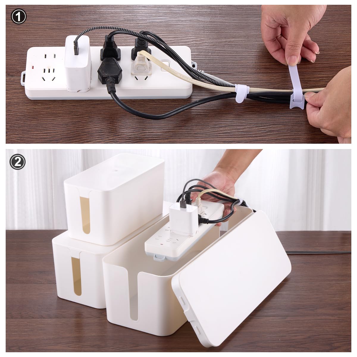 3 Pack Cable Management Box Set with 18 Pieces - Large, Medium & Small Cord Organizer Box to Hide Wires & Power Strips | TV Cable Organizer for Home Office Desk | White Storage Solution for Electronics & Entertainment Centers