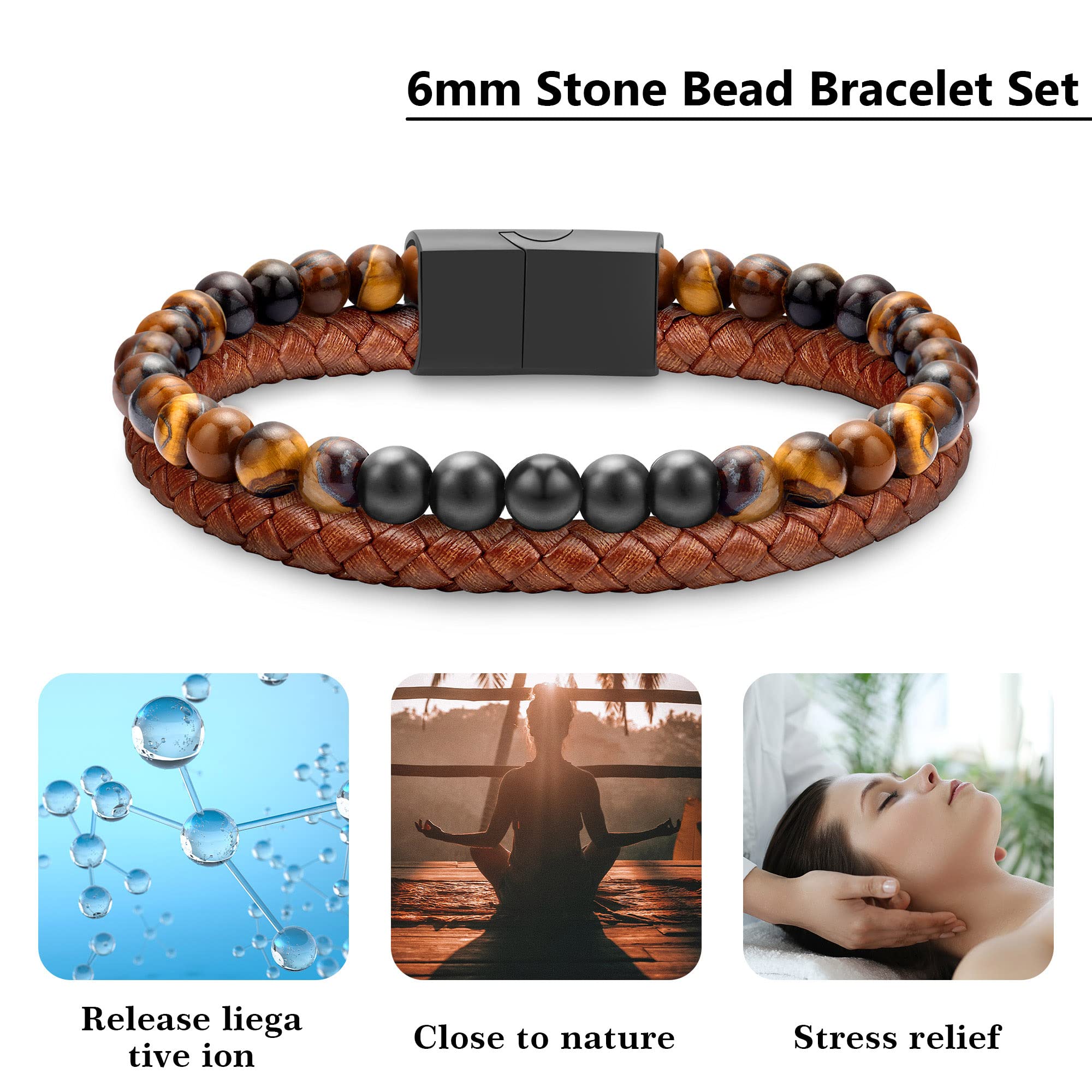 Men's Tiger Eye Beaded Bracelet with Brown Leather - Matte Agate Beads for Stylish Wrist Accessories | Perfect Birthday, Christmas Gift for Him | Office Wear, Casual Outfits & Special Occasions