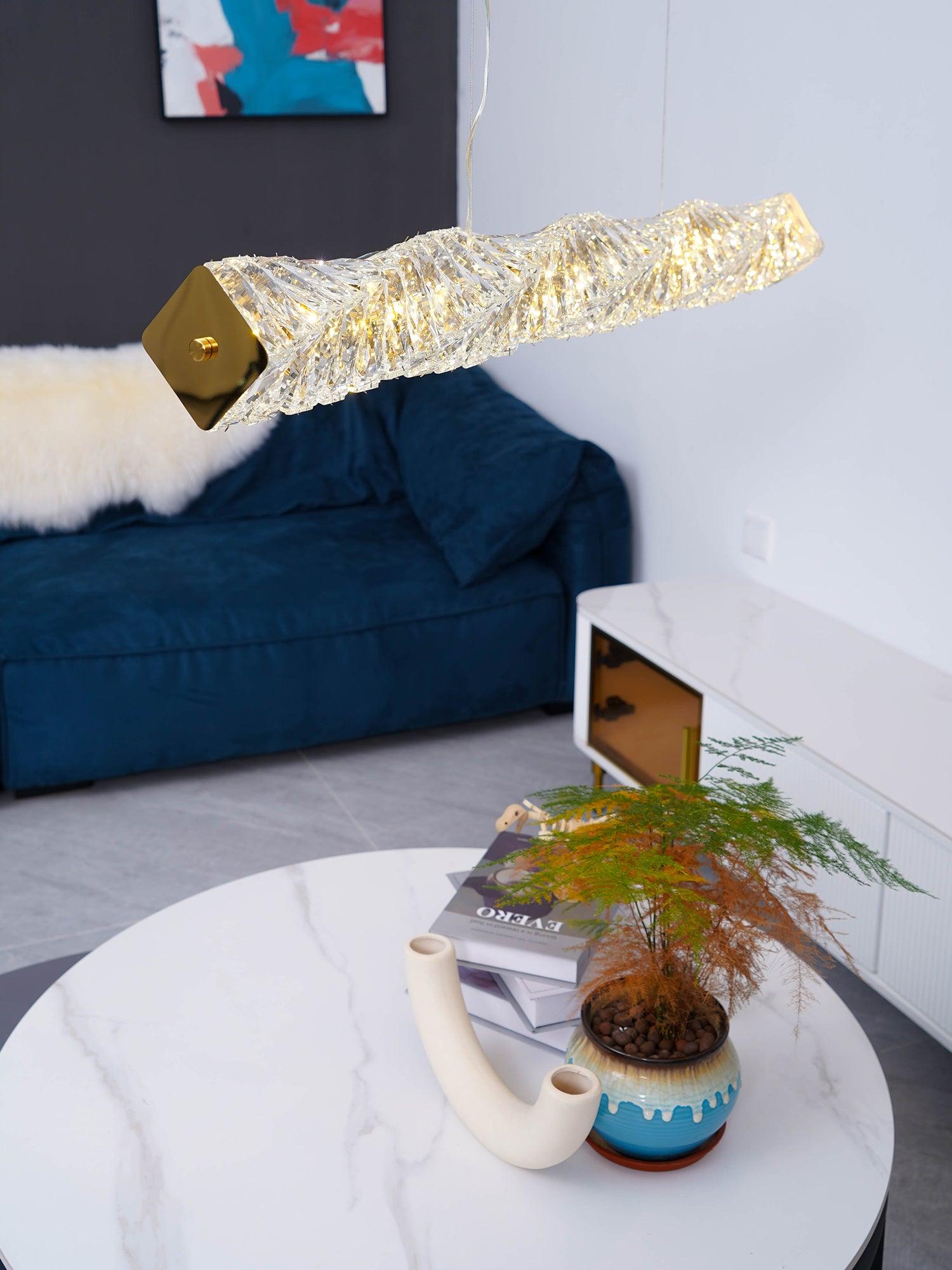 Elegant Long Crystal Pendant Light - Modern Chandelier for Dining Room, Bedroom, or Living Room Decor - Dimmable Hanging Ceiling Lamp with Clear Glass Prisms