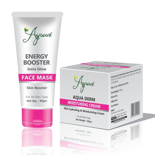 Aysun Energy Booster Face Mask & Aqua Derm Moisturizing Cream Combo Pack - Skin Hydration & Revitalization Set for Glowing Complexion | Perfect for Daily Skincare Routine & Spa Night