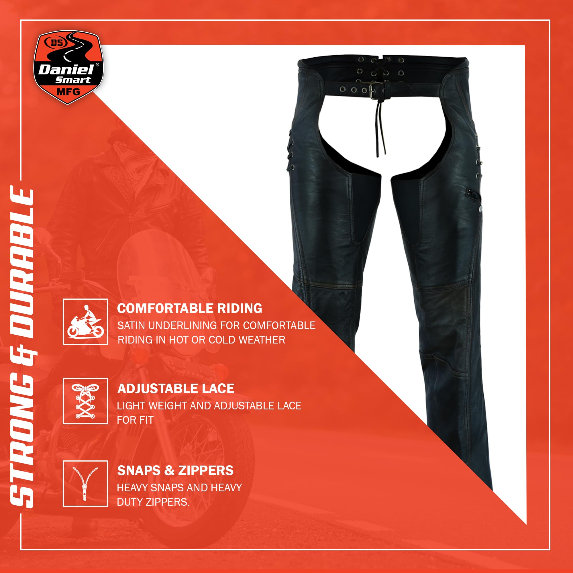 Daniel Smart Motorcycle Leather Chaps with Grommet Detailing - Durable Biker Leg Protection for Men & Women - Perfect for Harley, Cruiser & Adventure Riding